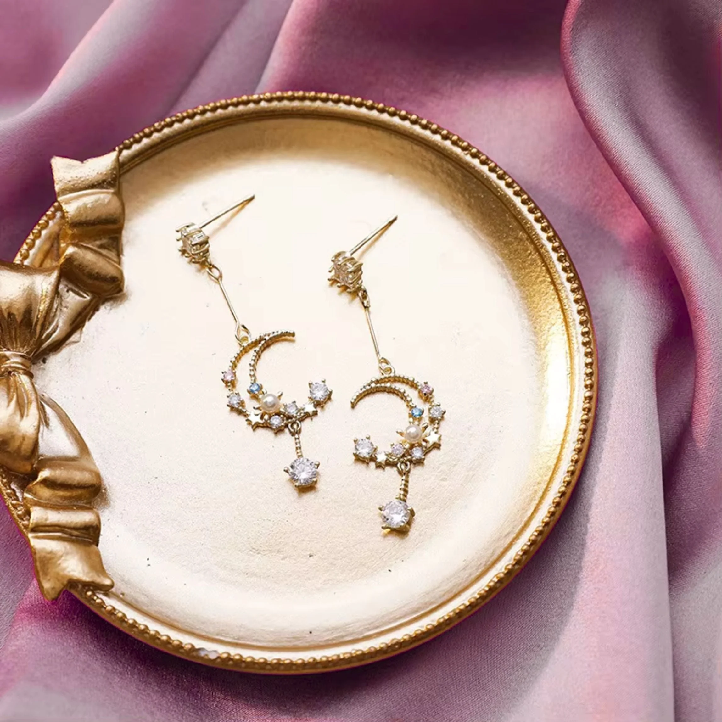 Sweet Dreams Moon Earrings | Gold Celestial Dangle Earrings with Pink & Blue Gems - Image 4