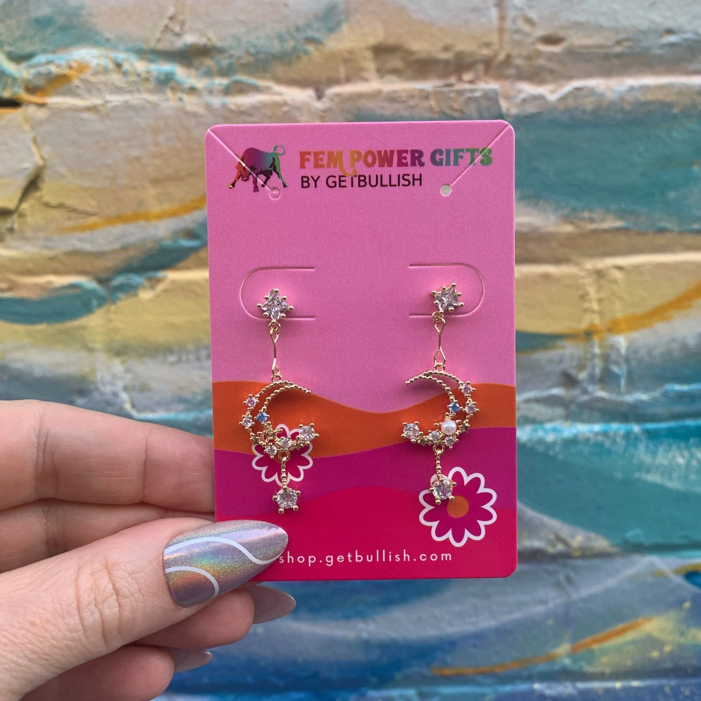 Sweet Dreams Moon Earrings | Gold Celestial Dangle Earrings with Pink & Blue Gems - Image 6