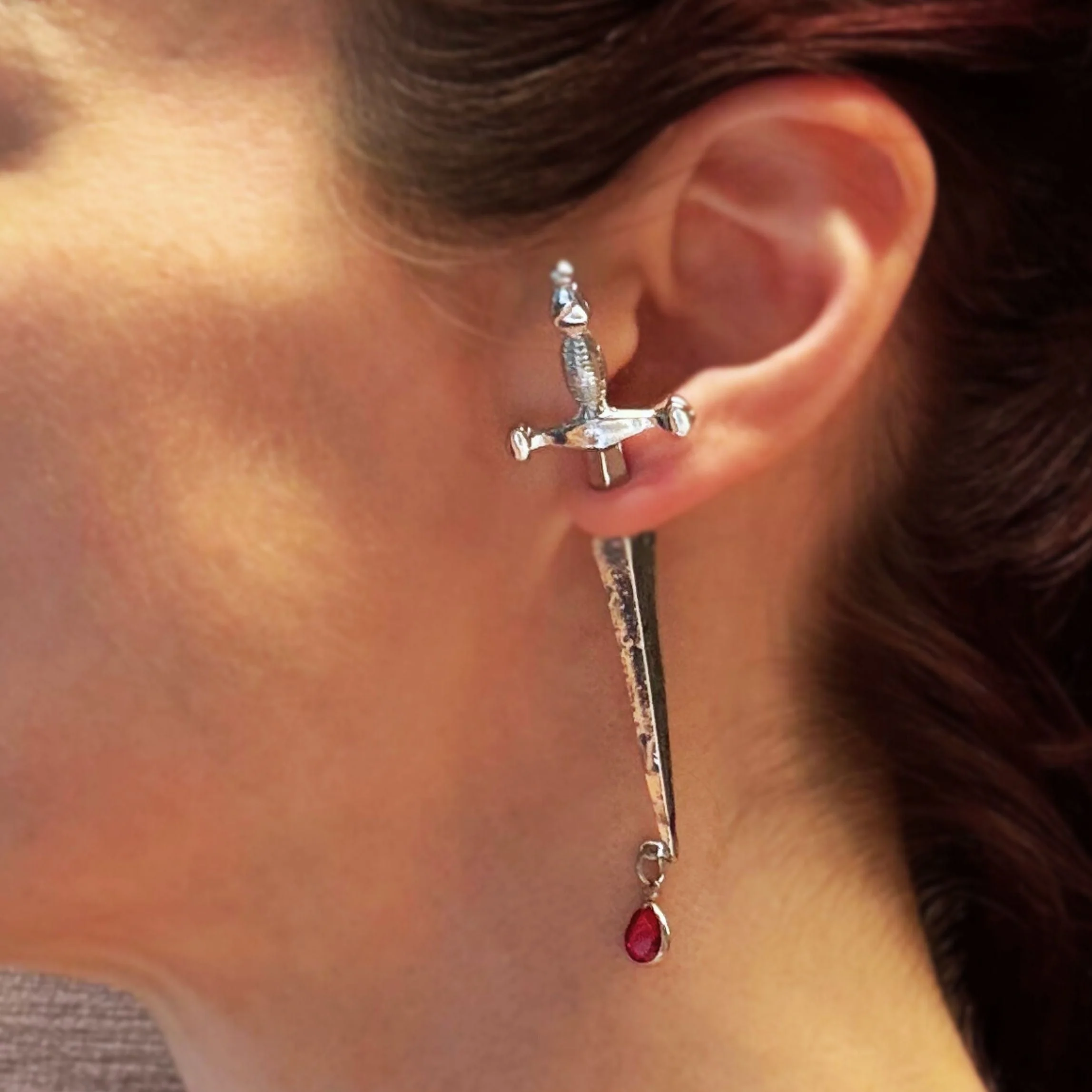 Sword Maiden Single Stabby Earring in Gold or Silver | 3.5" Long Dagger Earrings for Feminists, Goths - Image 2