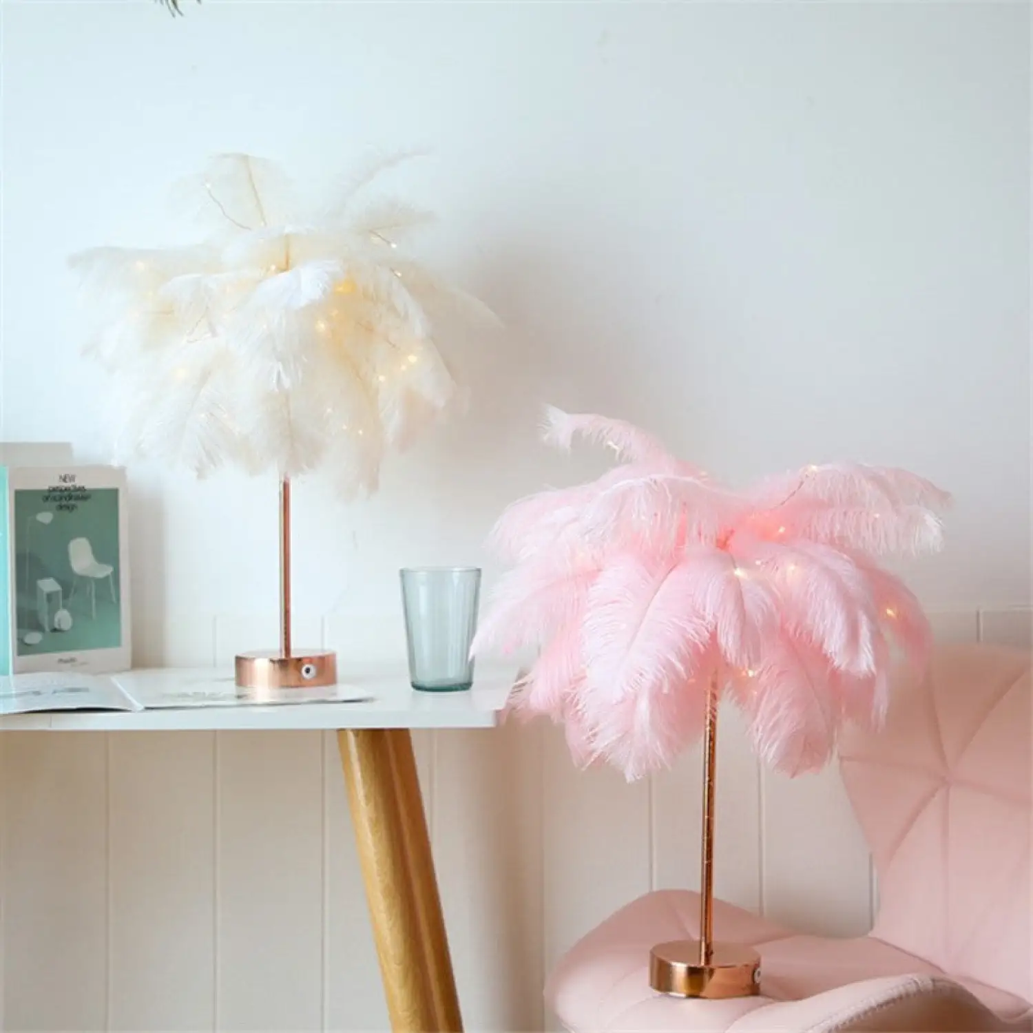 Table Feather Lamp Table with USB, Battery Powered and Remote Control - Image 2