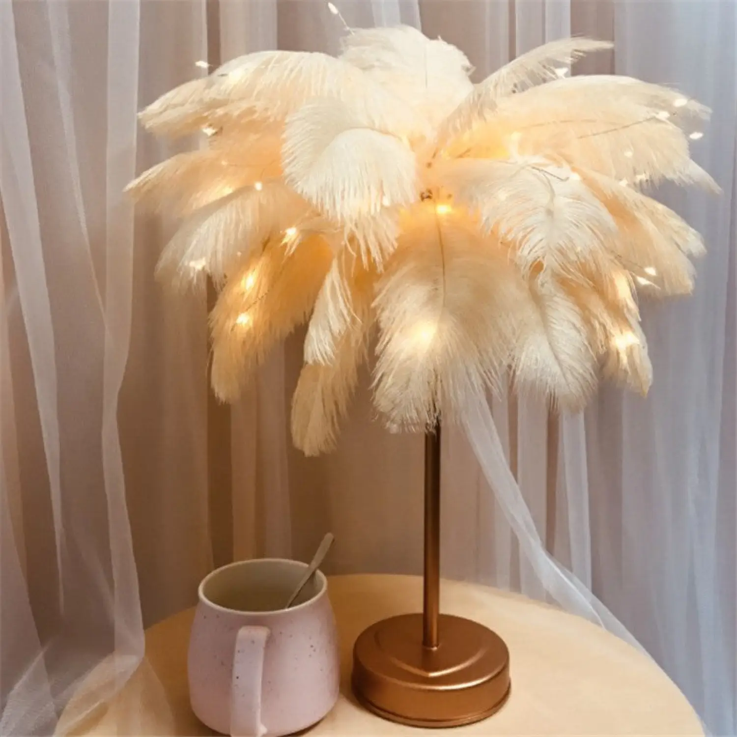 Table Feather Lamp Table with USB, Battery Powered and Remote Control - Image 4