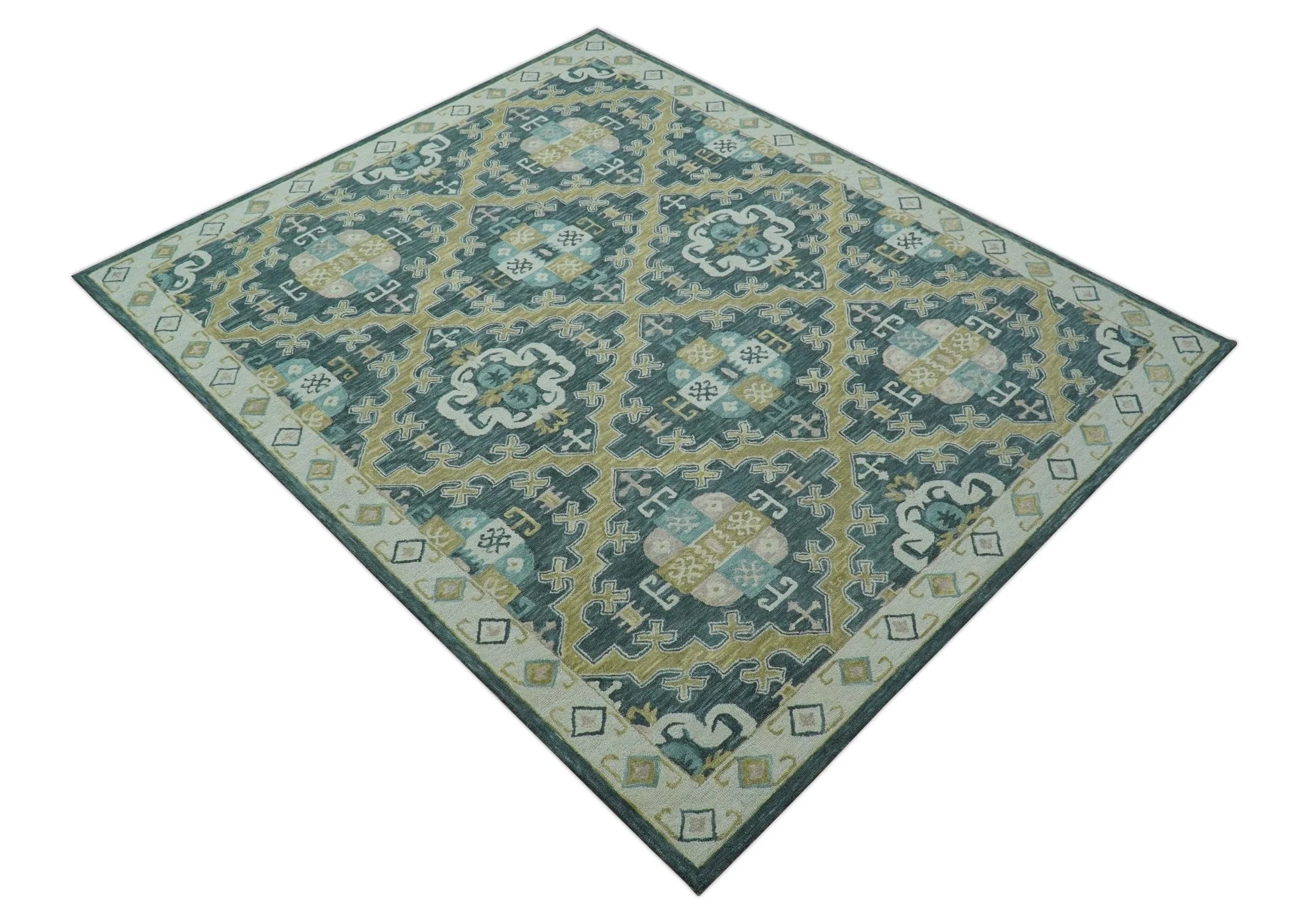 Taj Custom Made Teal Traditional Design Hand Tufted Wool Rug - Image 10