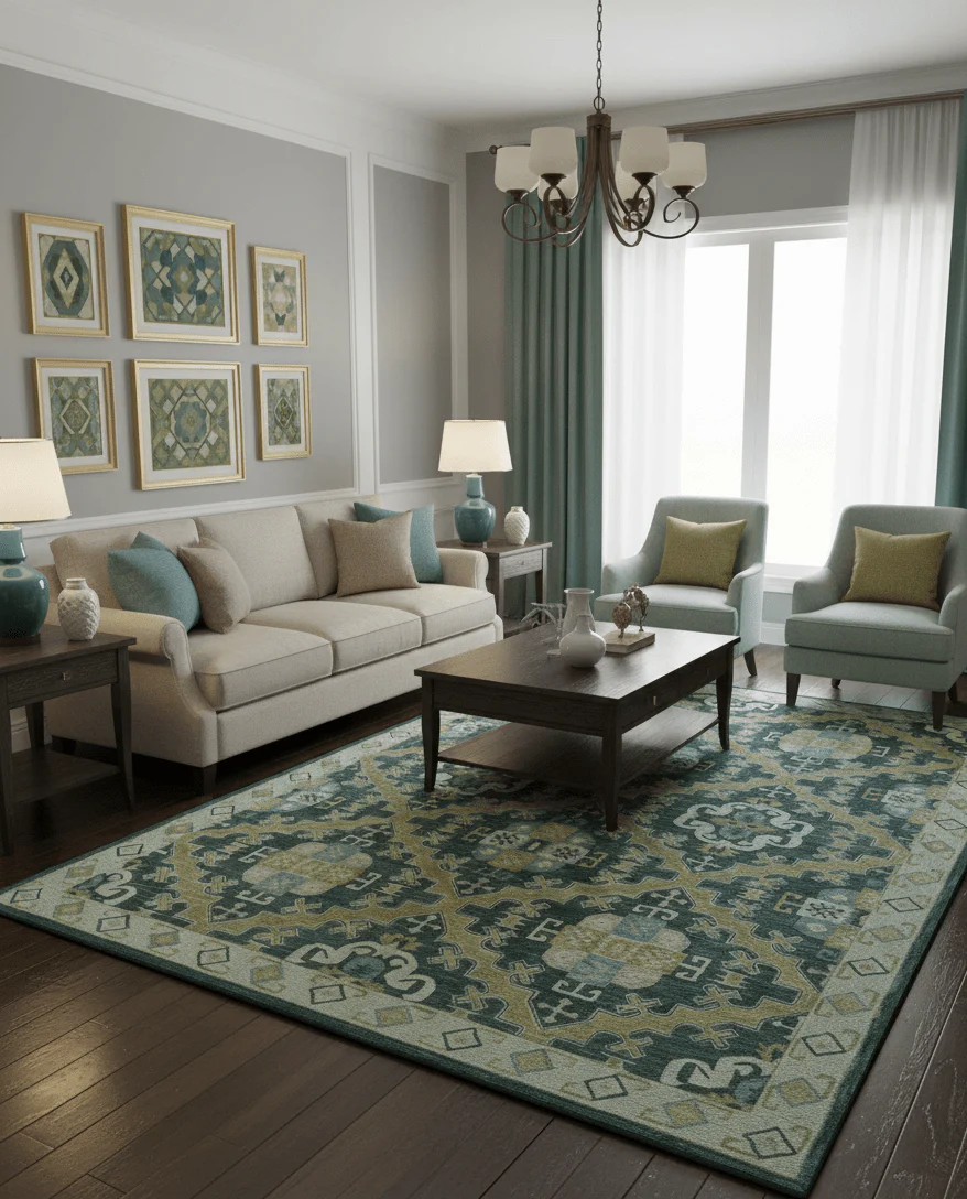 Taj Custom Made Teal Traditional Design Hand Tufted Wool Rug - Image 2