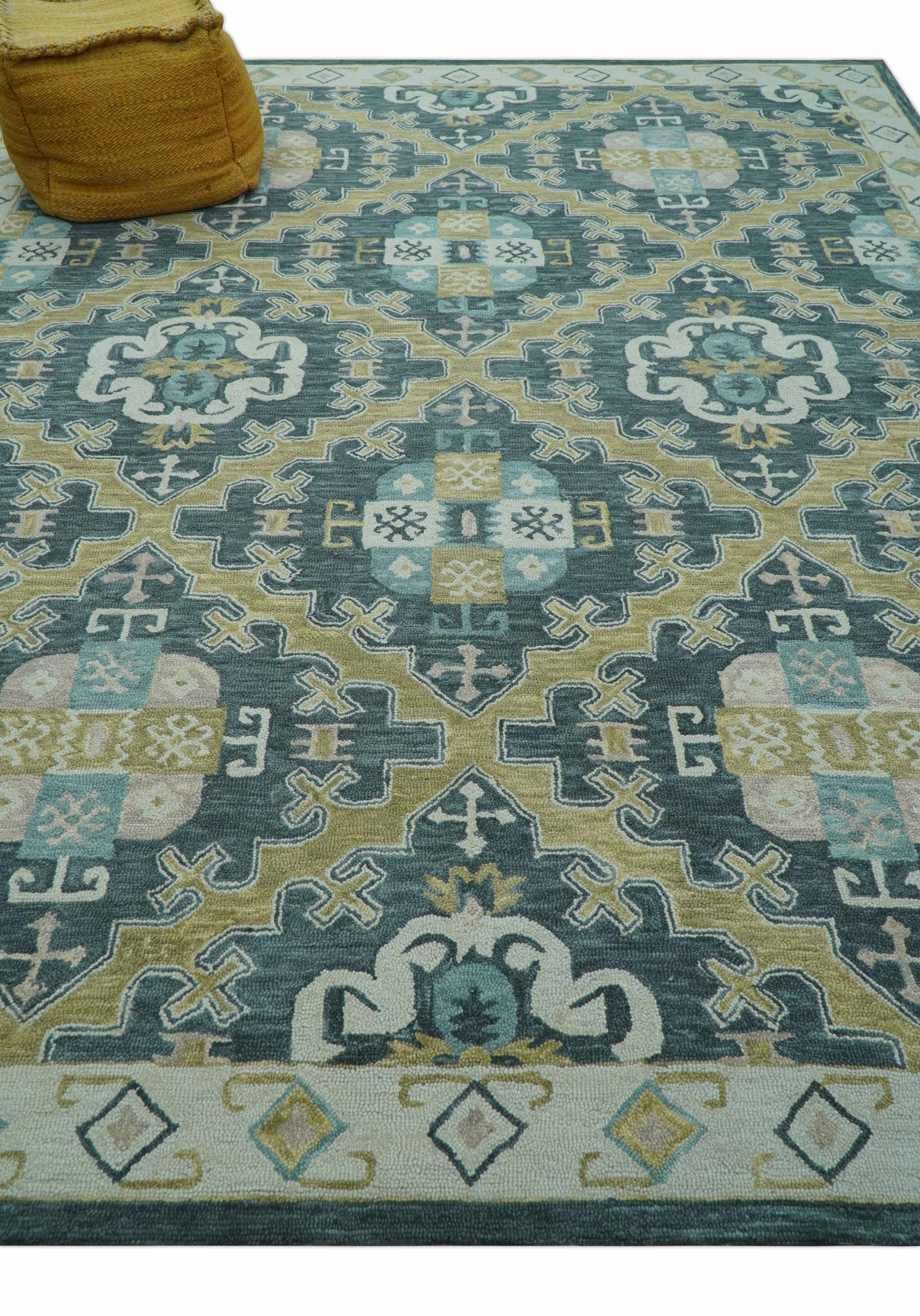 Taj Custom Made Teal Traditional Design Hand Tufted Wool Rug - Image 9