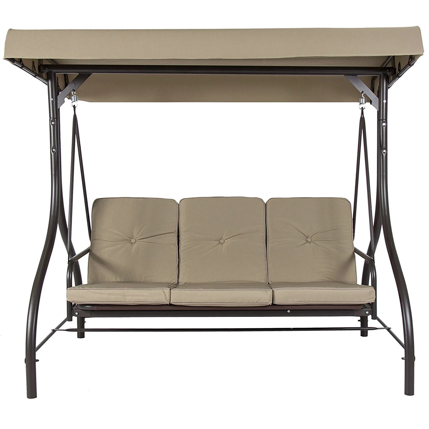 Tan 3-Seat Outdoor Porch Deck Patio Canopy Swing with Cushions - Image 2