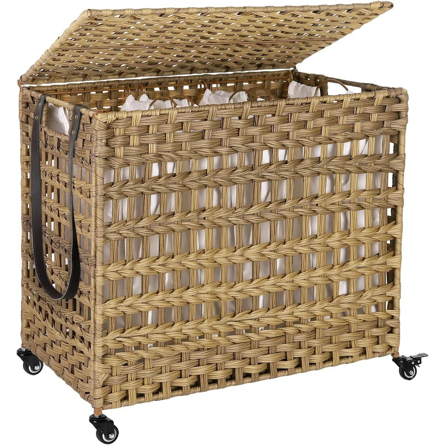 Tan PP Rattan 3-Basket Laundry Hamper Sorter Cart with Removable Cotton Bags - Image 2