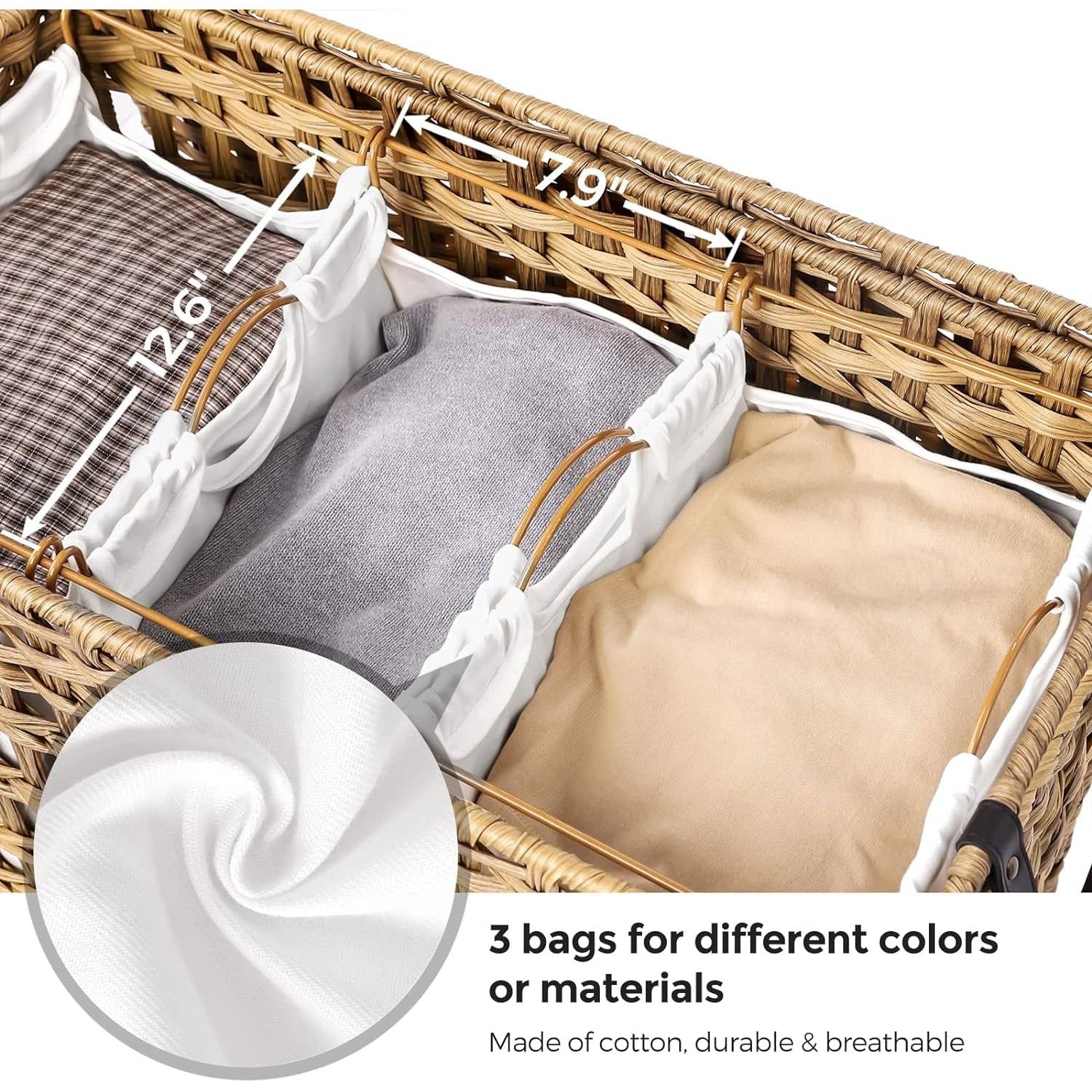 Tan PP Rattan 3-Basket Laundry Hamper Sorter Cart with Removable Cotton Bags - Image 3