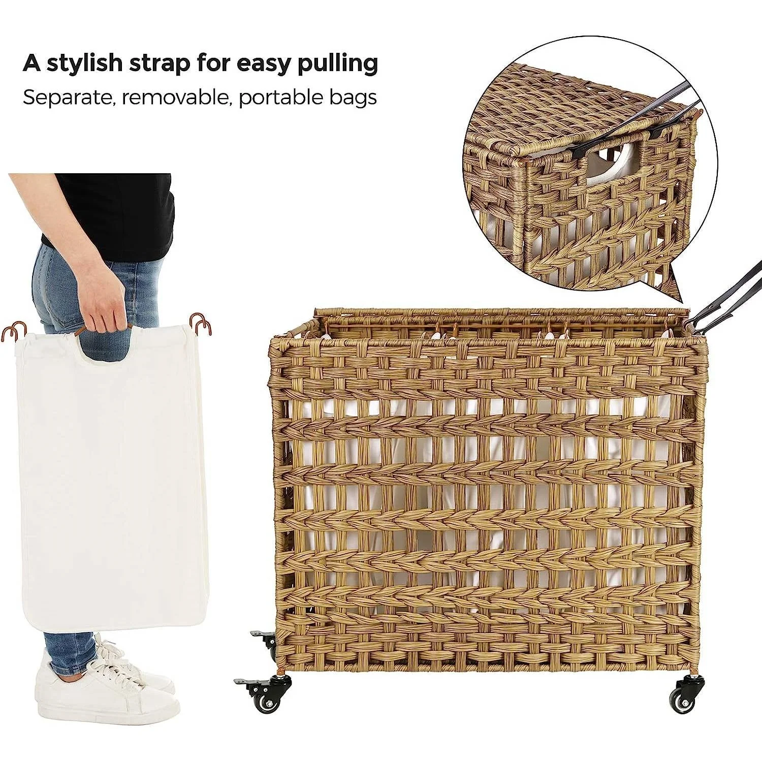 Tan PP Rattan 3-Basket Laundry Hamper Sorter Cart with Removable Cotton Bags - Image 4
