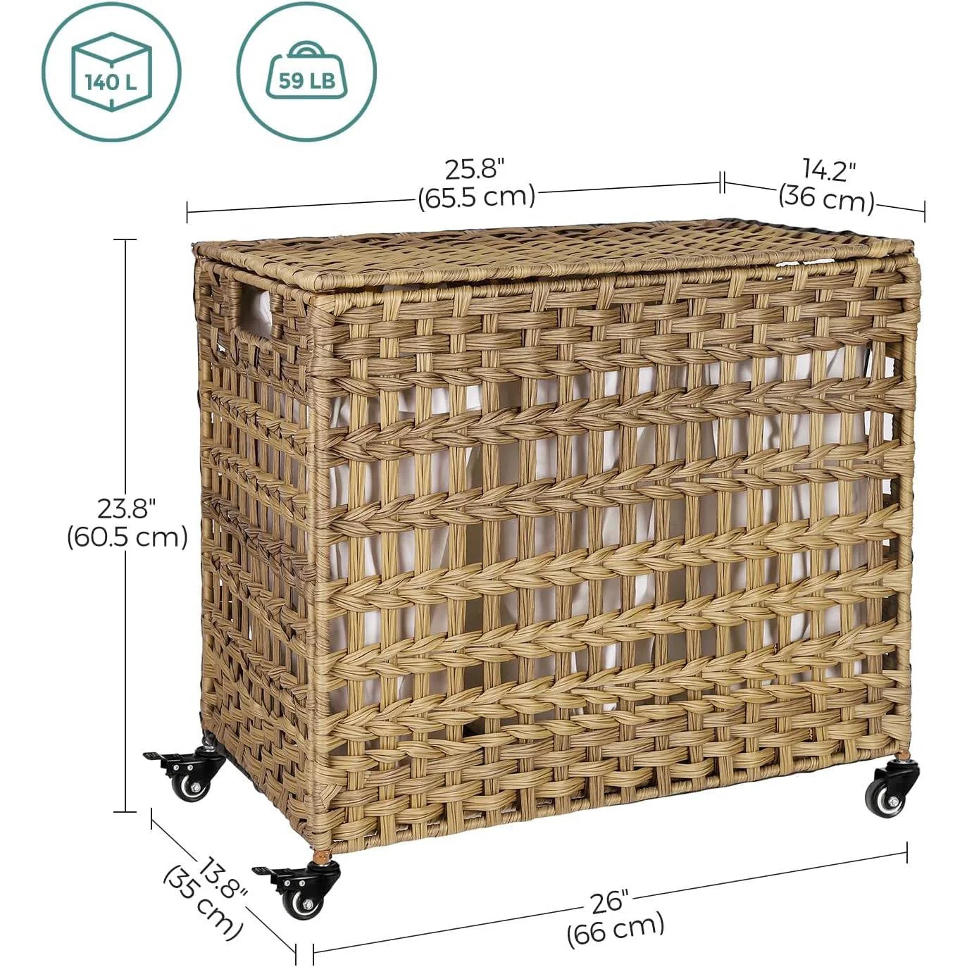 Tan PP Rattan 3-Basket Laundry Hamper Sorter Cart with Removable Cotton Bags - Image 5