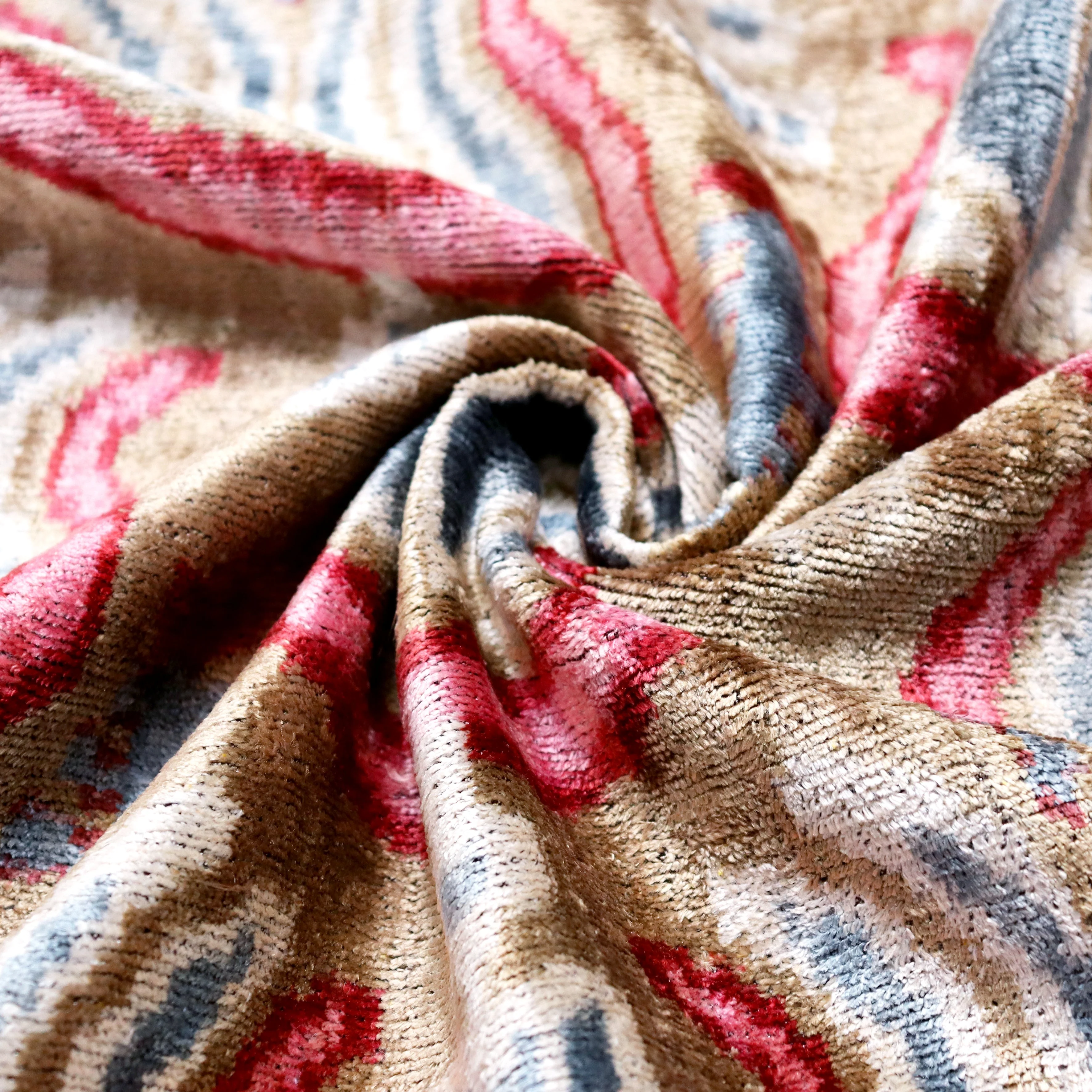 Taupe Blue Red Silk Velvet Pillow – 20x20 Handmade Ikat Luxury Cushion - Image 2