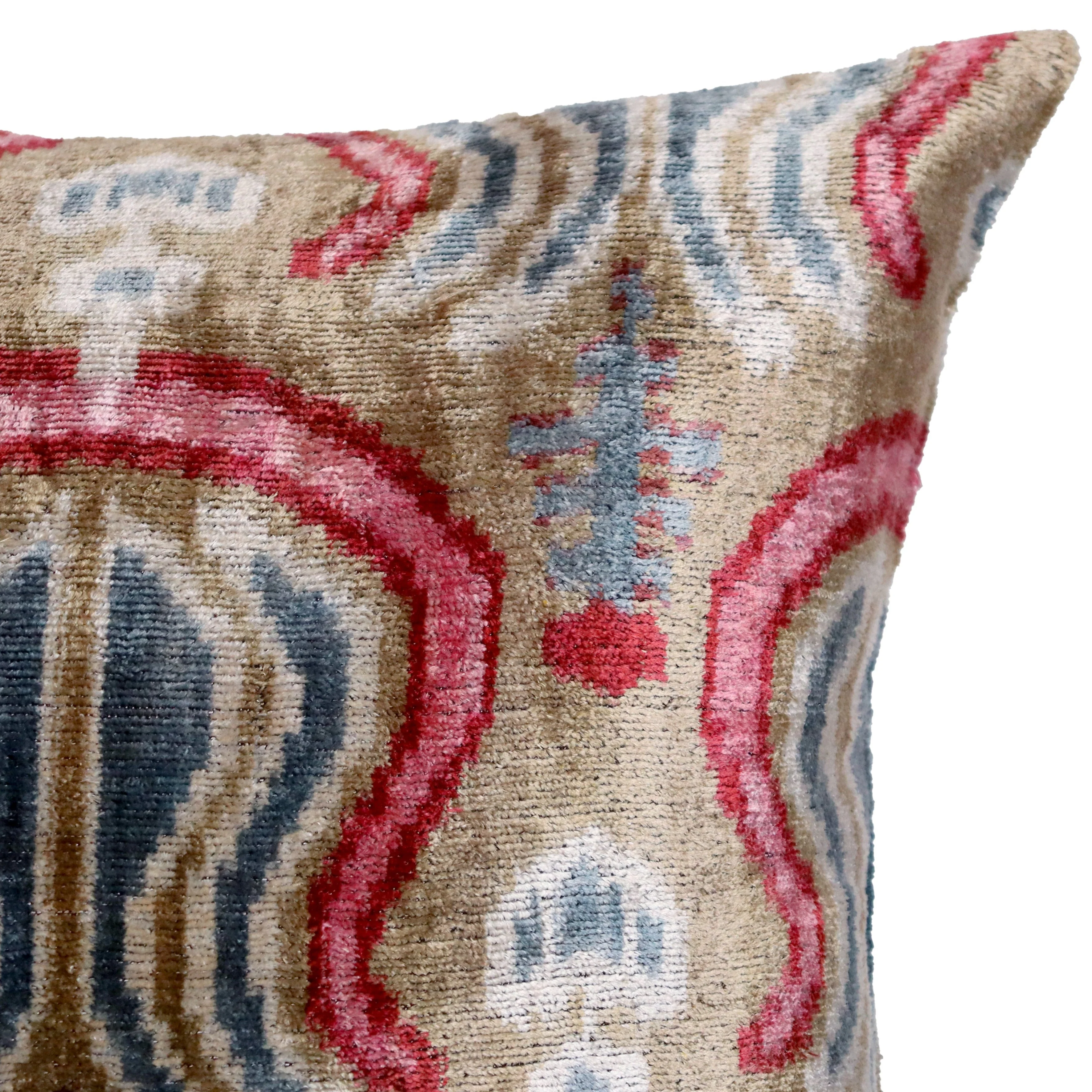 Taupe Blue Red Silk Velvet Pillow – 20x20 Handmade Ikat Luxury Cushion - Image 3