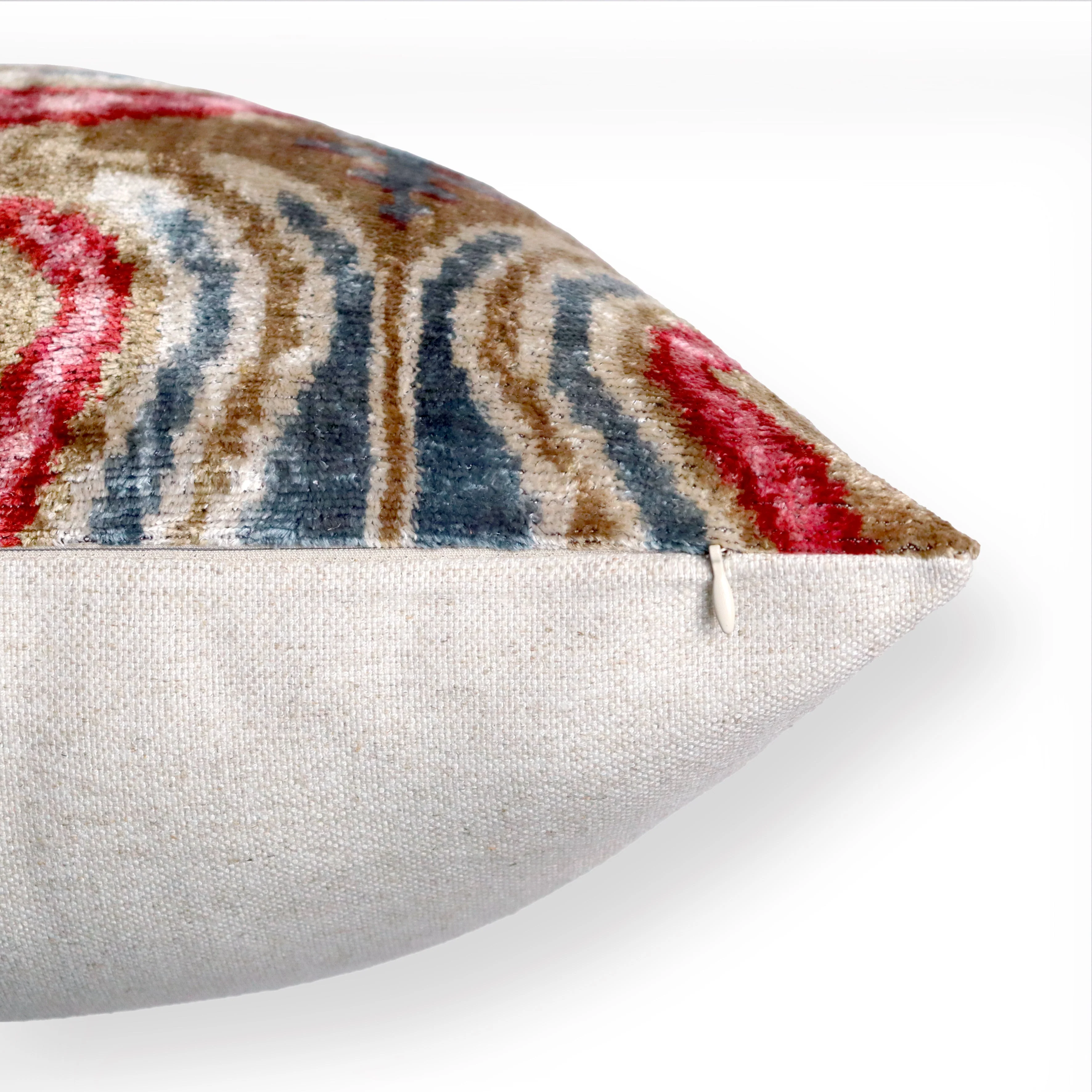 Taupe Blue Red Silk Velvet Pillow – 20x20 Handmade Ikat Luxury Cushion - Image 4