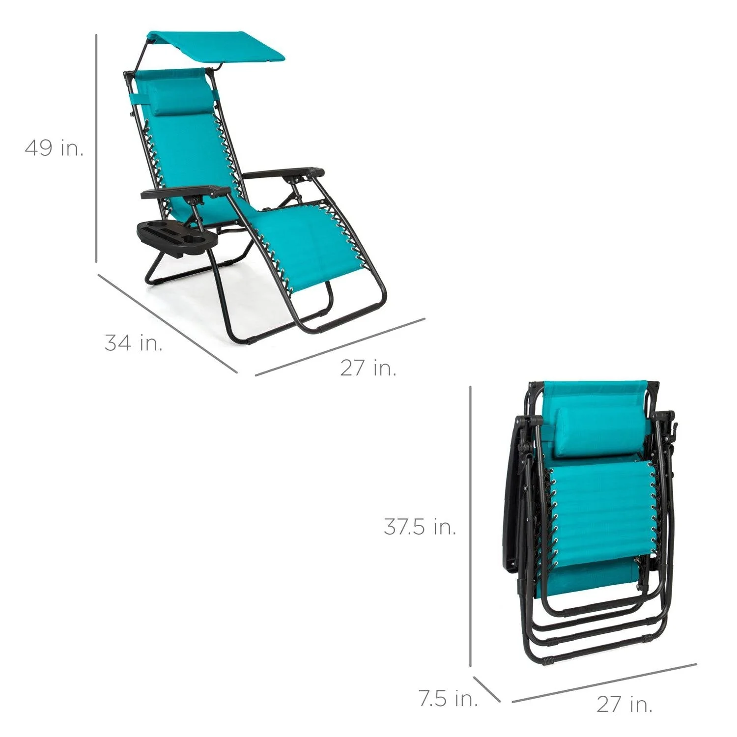 Teal Blue Zero Gravity Folding Reclining Patio Lounge Chair with Canopy - Image 4
