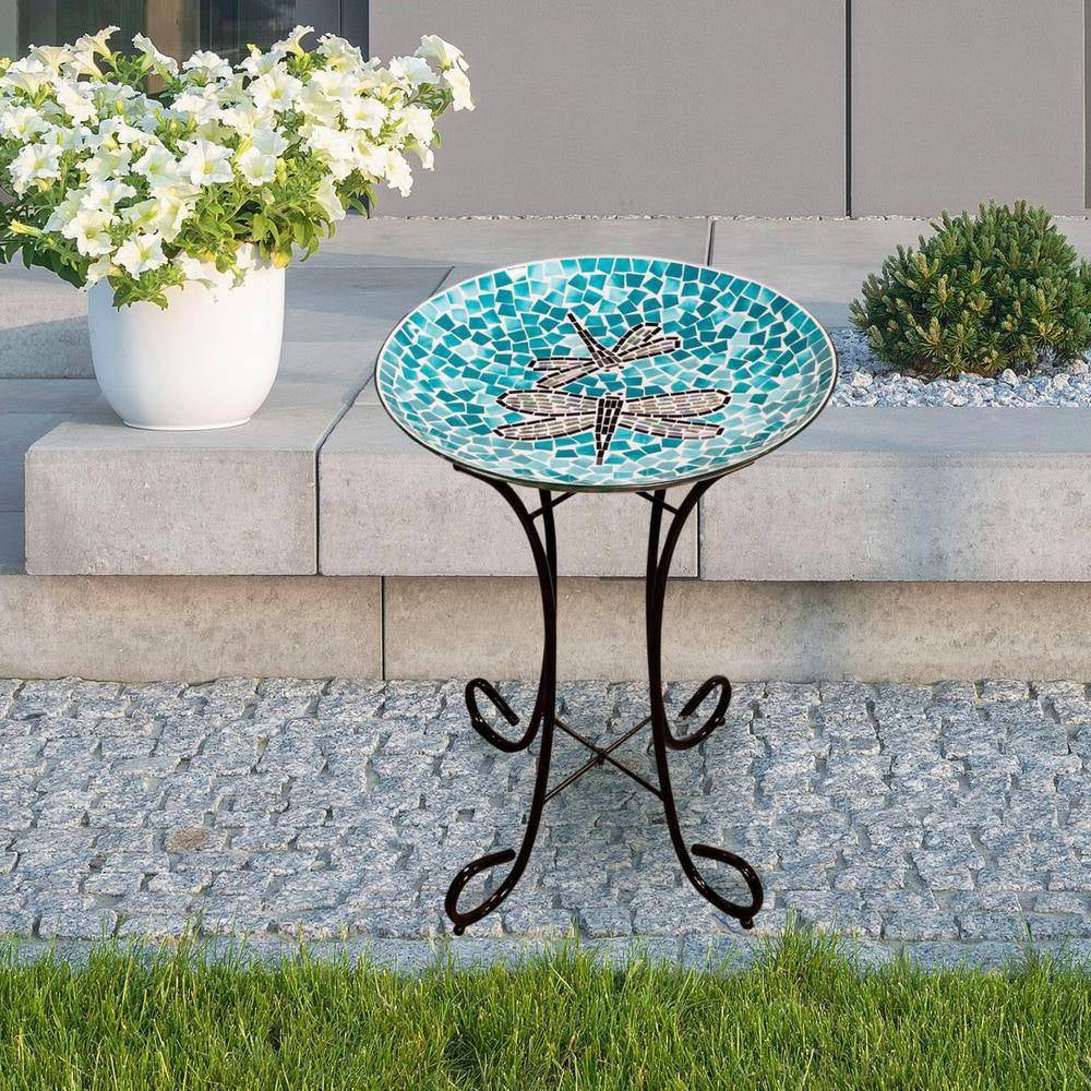 Teal Green Blue White Mosaic Glass Birdbath Bowl with Black Metal Stand - Image 2