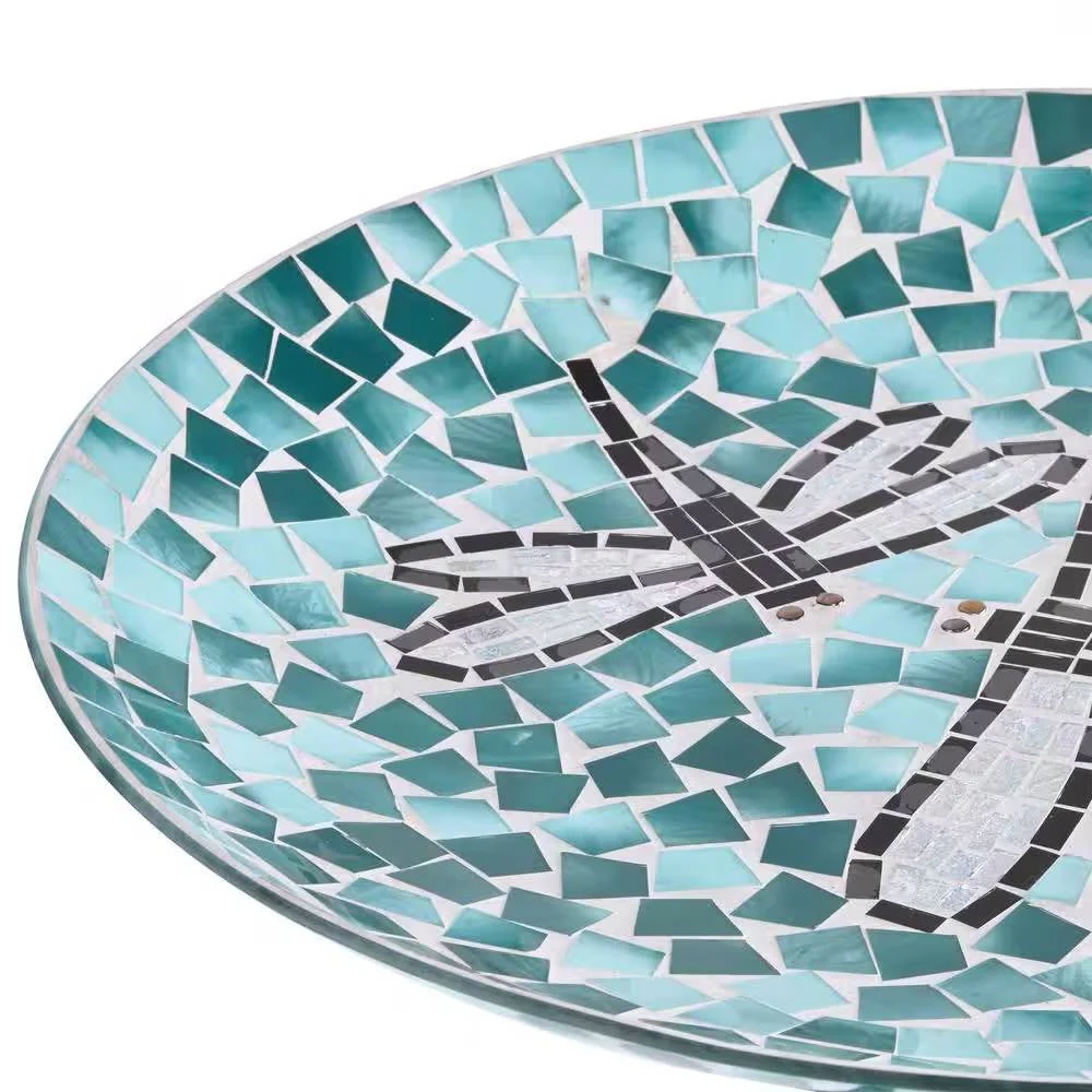 Teal Green Blue White Mosaic Glass Birdbath Bowl with Black Metal Stand - Image 4