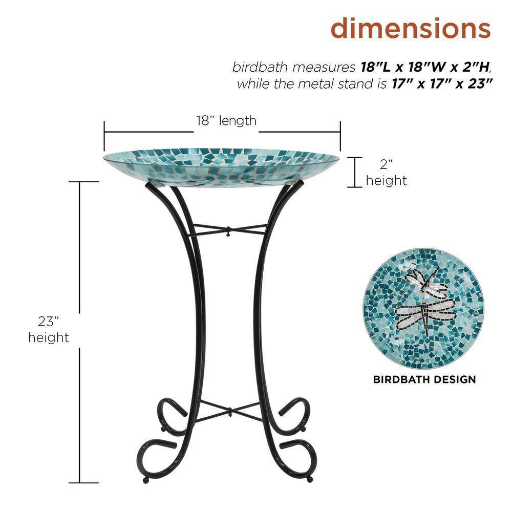 Teal Green Blue White Mosaic Glass Birdbath Bowl with Black Metal Stand - Image 5