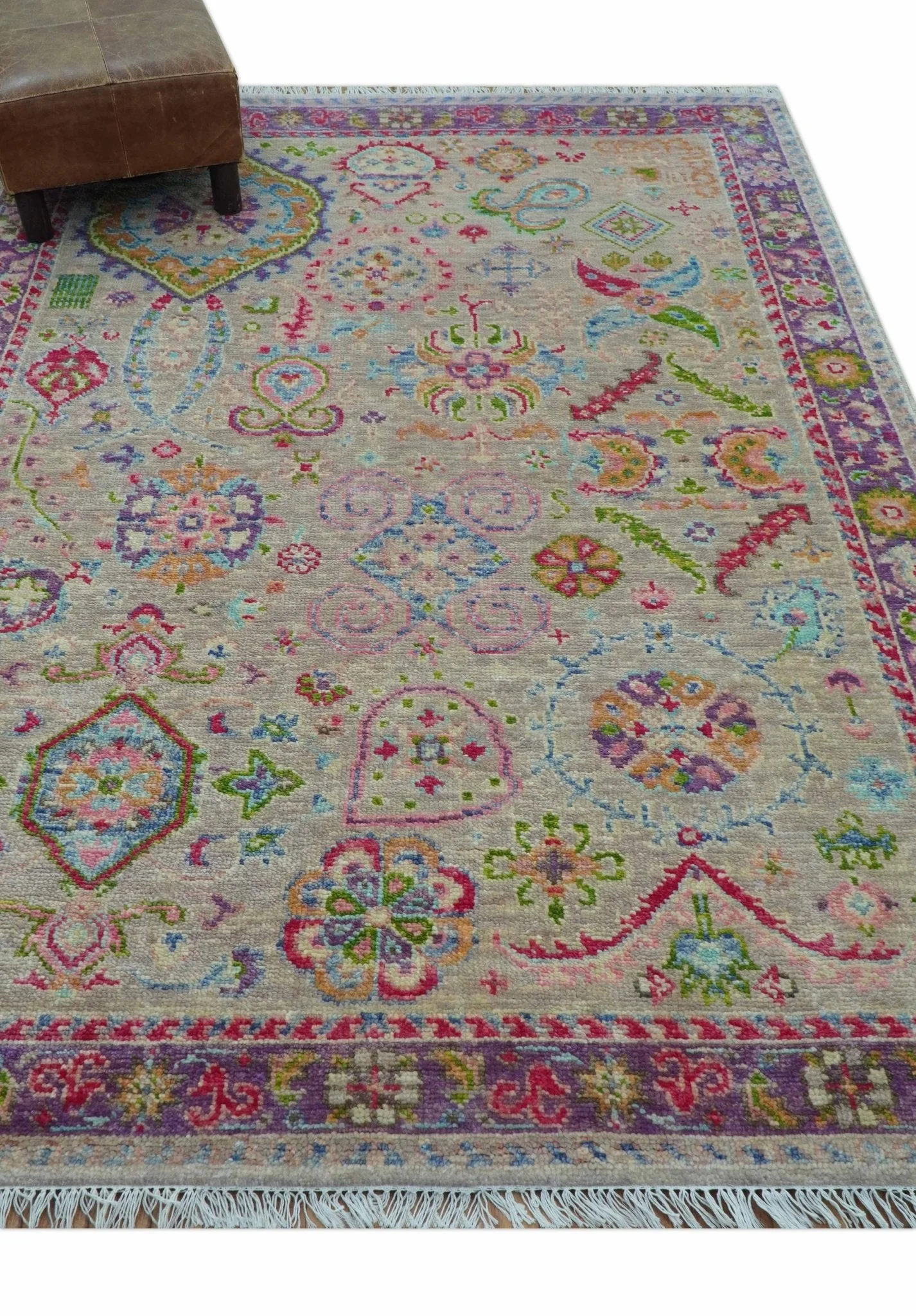 Terra Custom Made Traditional Tribal Design Beige And Pink Hand Knotted Wool Rug - Image 10