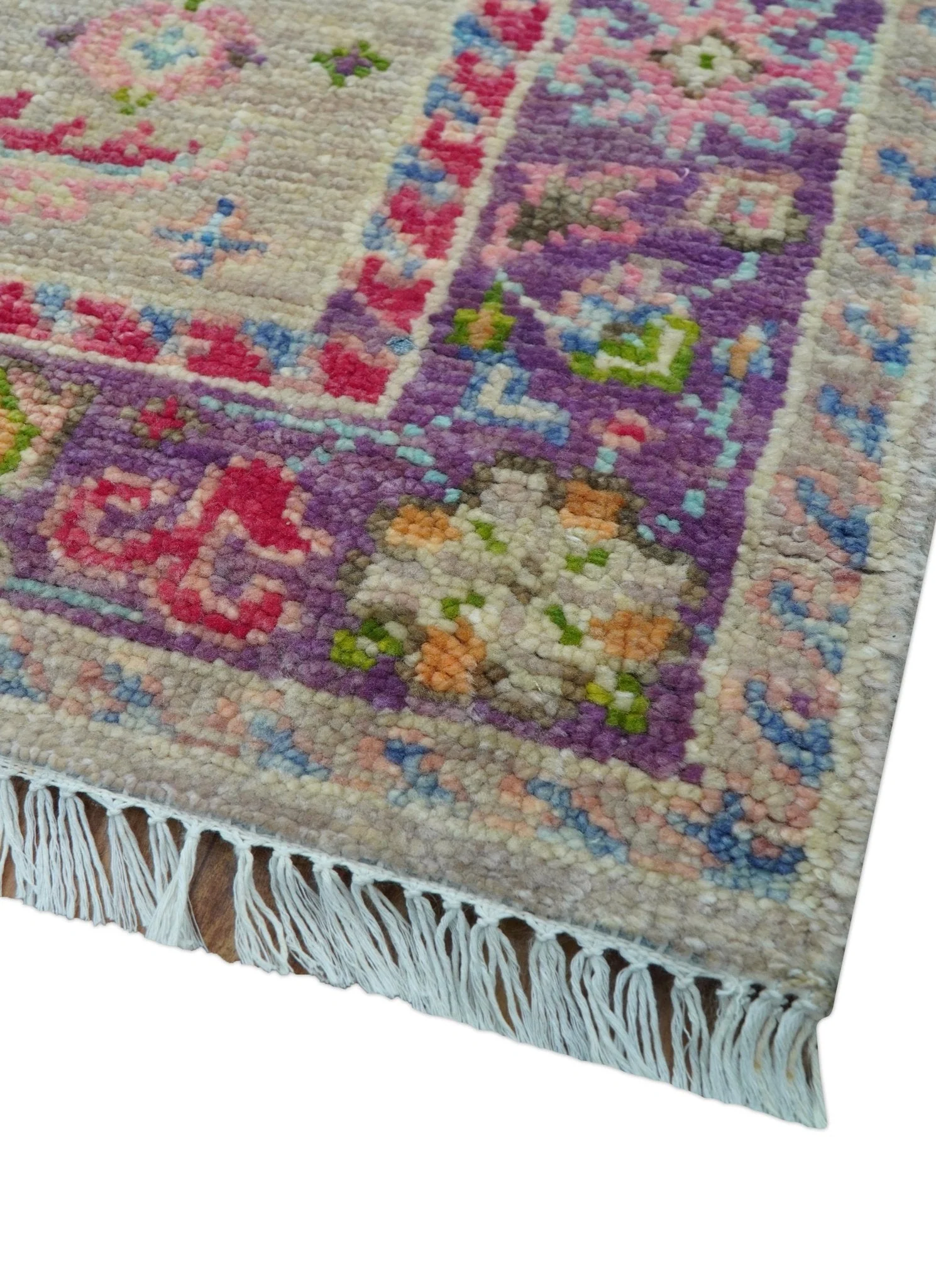 Terra Custom Made Traditional Tribal Design Beige And Pink Hand Knotted Wool Rug - Image 5