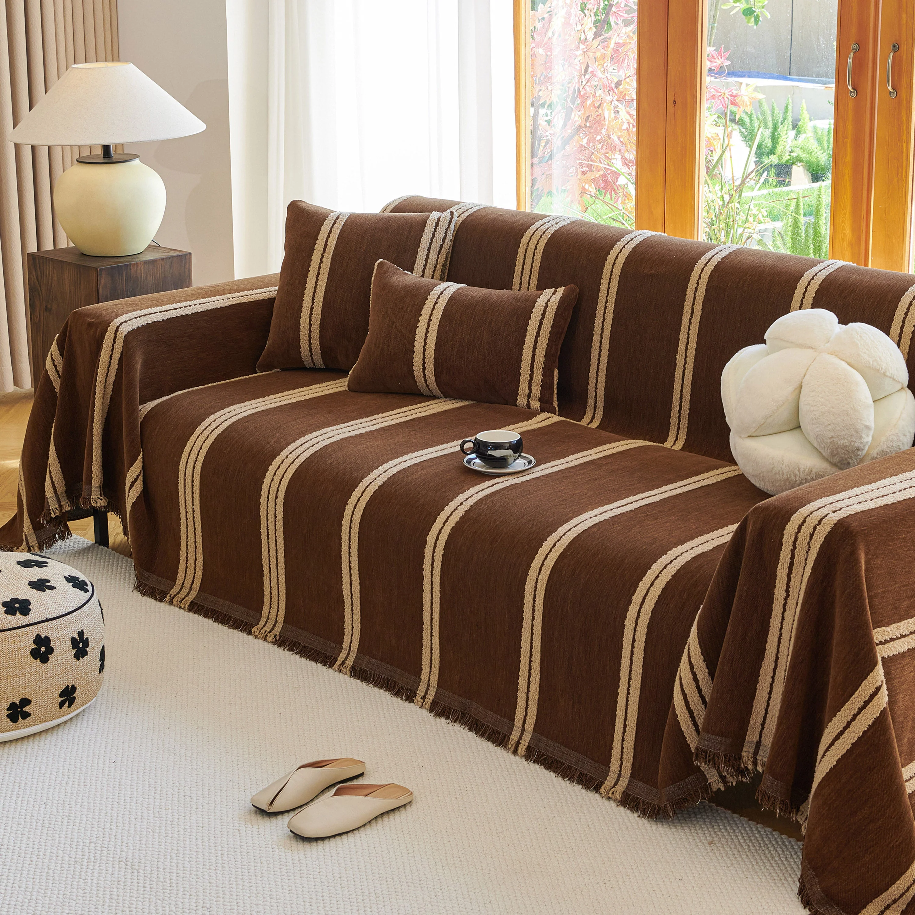 Textural Striped Chenille Sofa Covers, Boho Washable Decor Sofa Blankets Covers