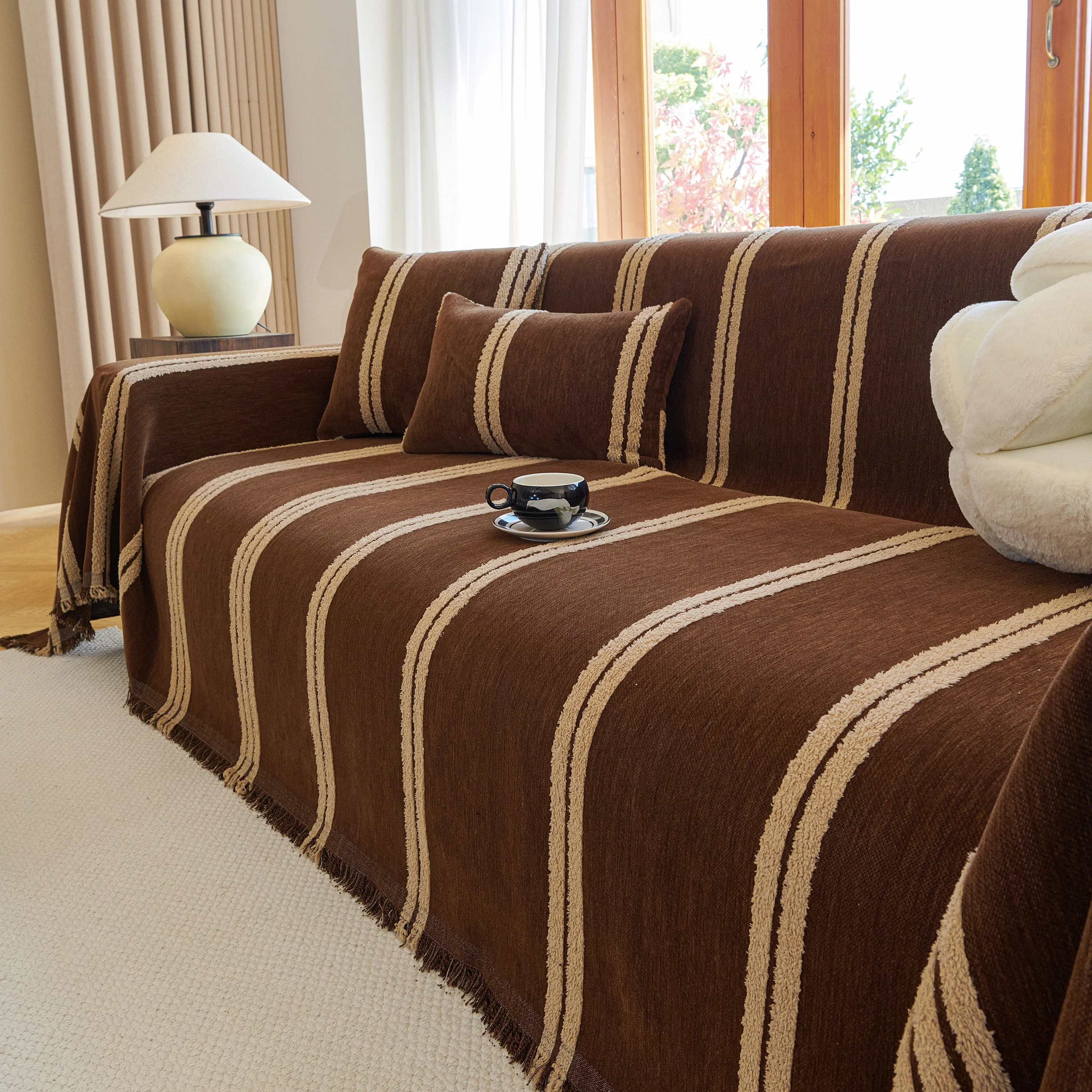 Textural Striped Chenille Sofa Covers, Boho Washable Decor Sofa Blankets Covers - Image 19