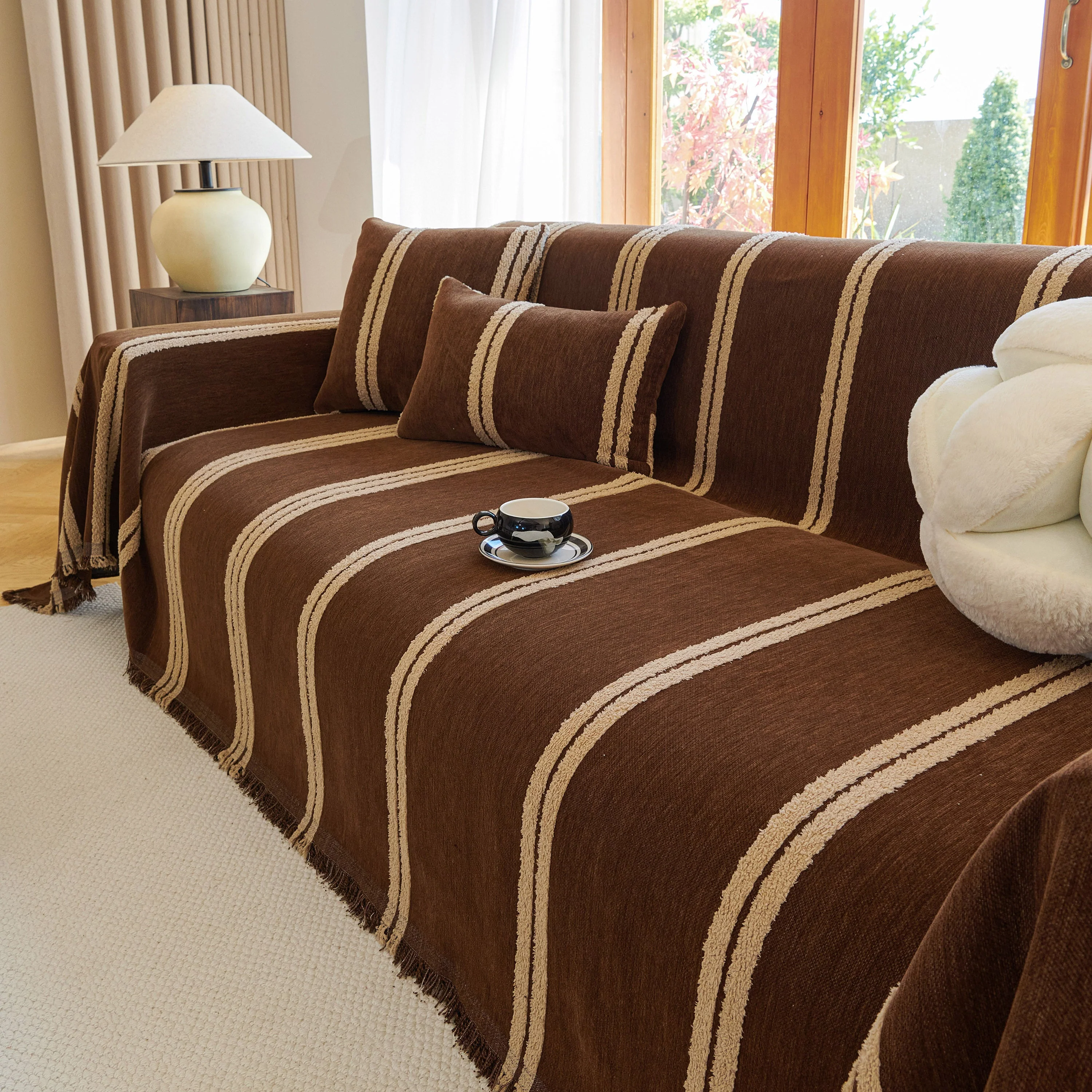 Textural Striped Chenille Sofa Covers, Boho Washable Decor Sofa Blankets Covers - Image 21