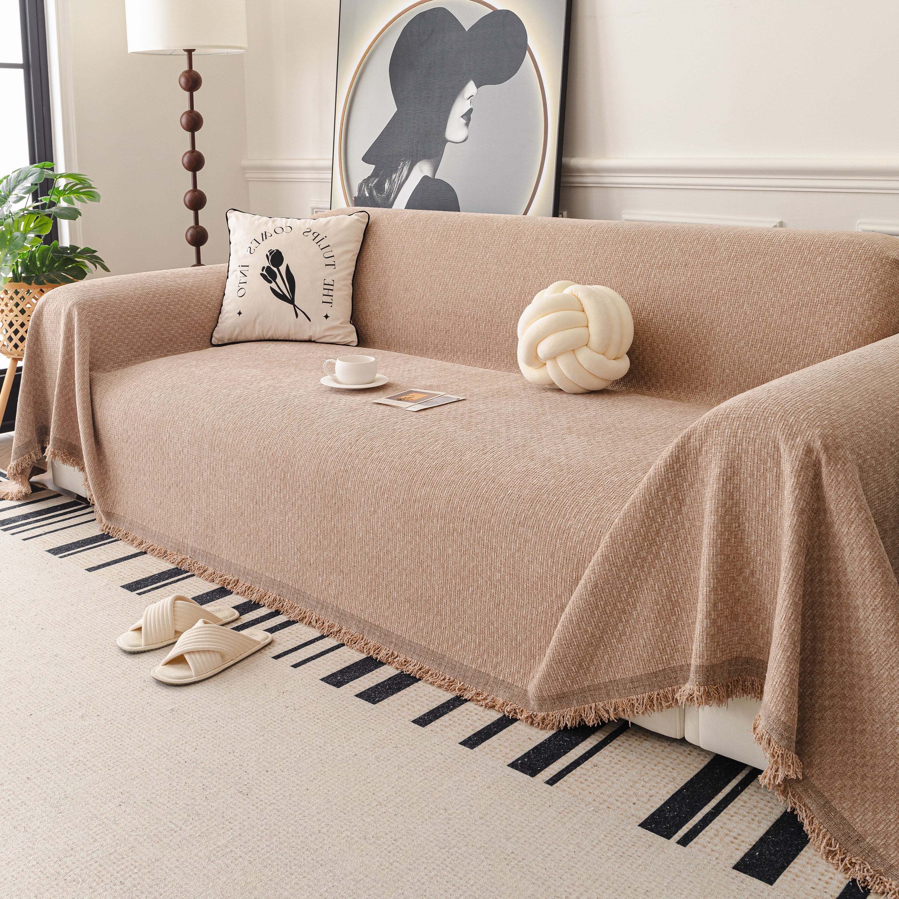 Textured Woven Modern Sofa Cover, Natural Blend Decorative Couch Throw Blanket - Image 65