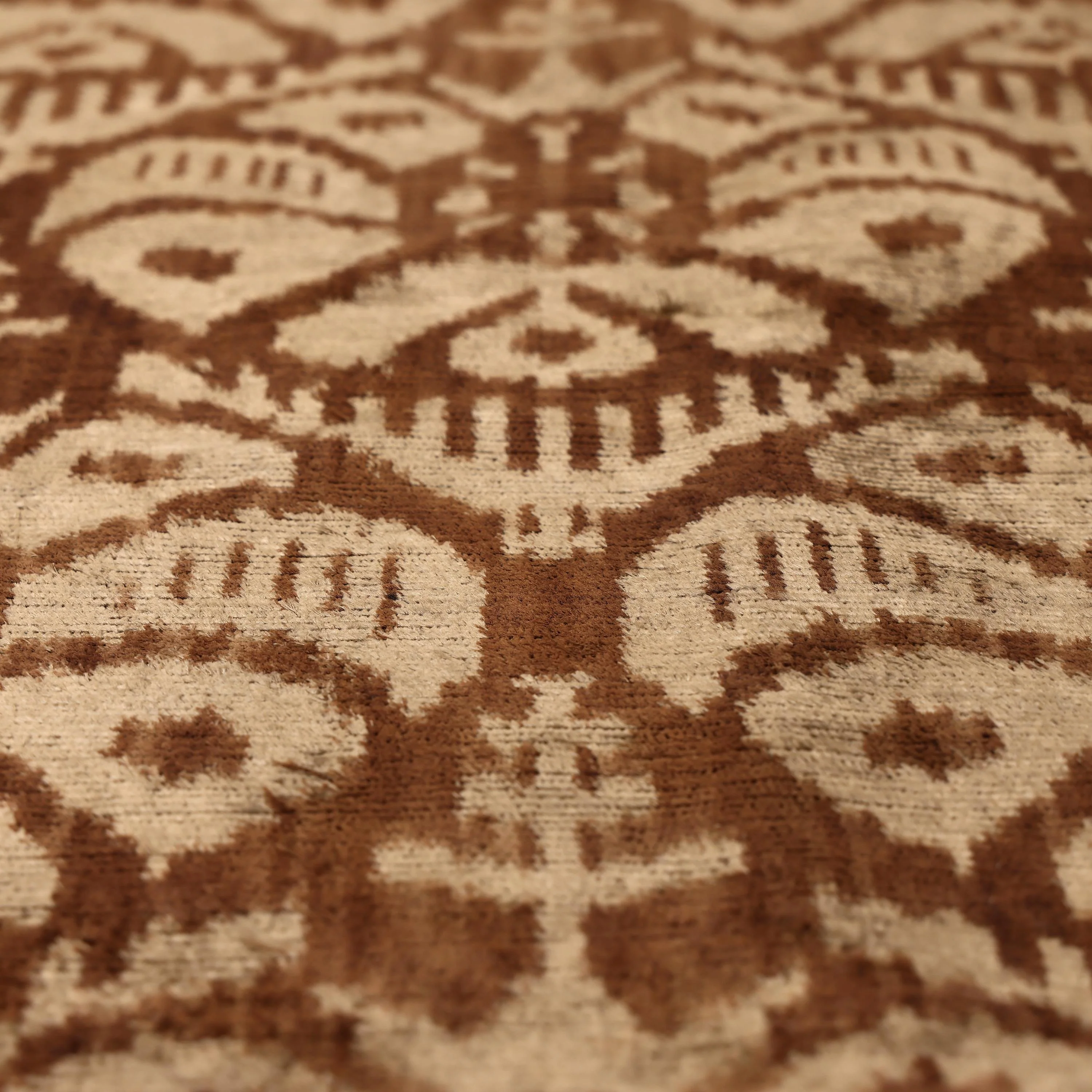 The Cognac & Cream Traditional Ikat Silk Velvet Pillow - 20" x 20" - Image 3