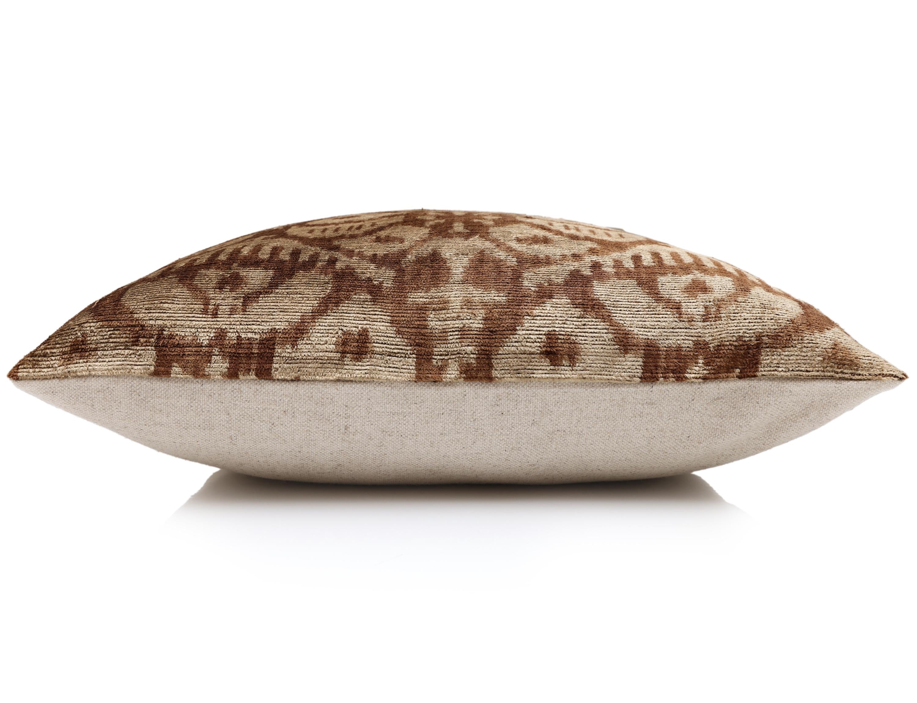 The Cognac & Cream Traditional Ikat Silk Velvet Pillow - 20" x 20" - Image 4