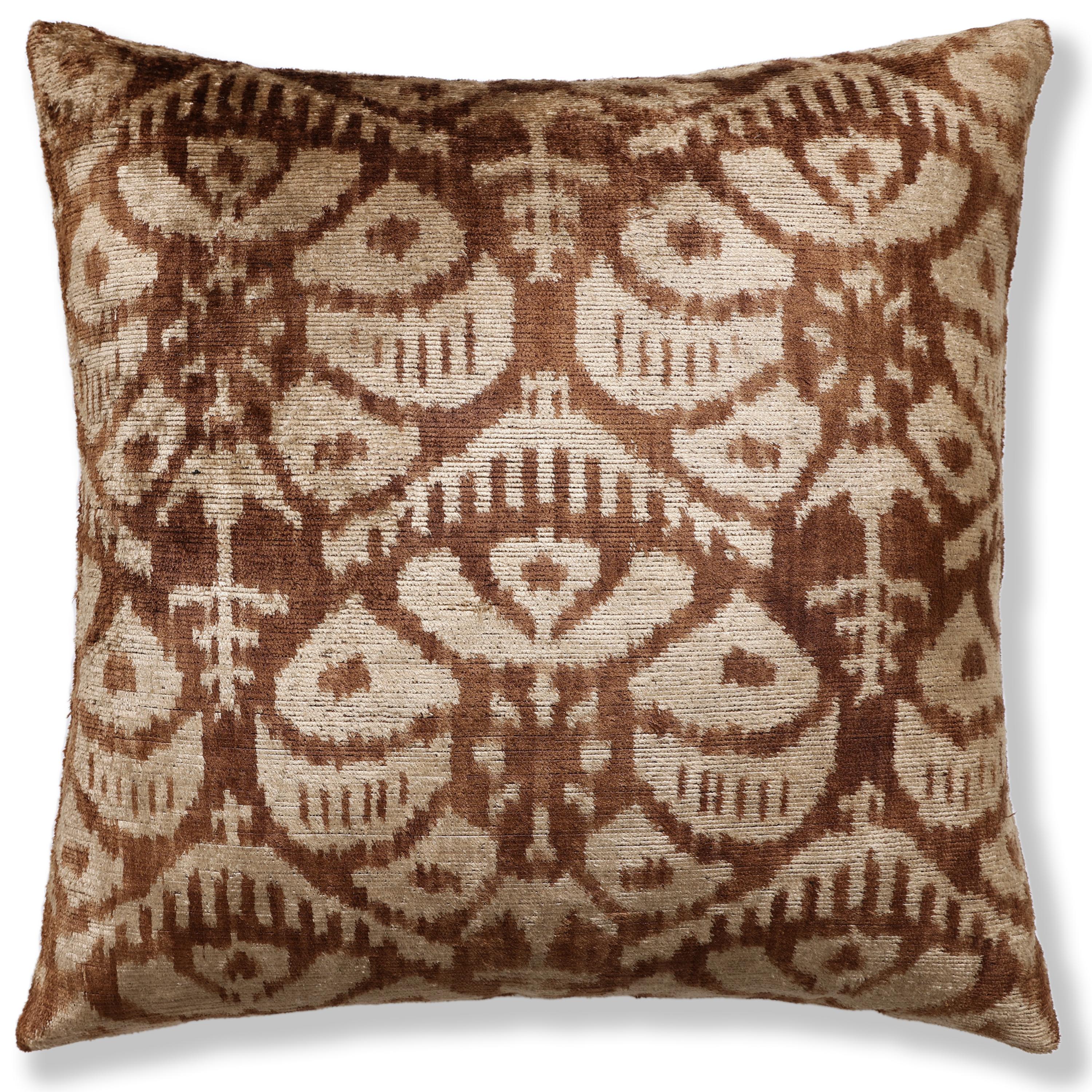 The Cognac & Cream Traditional Ikat Silk Velvet Pillow - 20" x 20" - Image 5