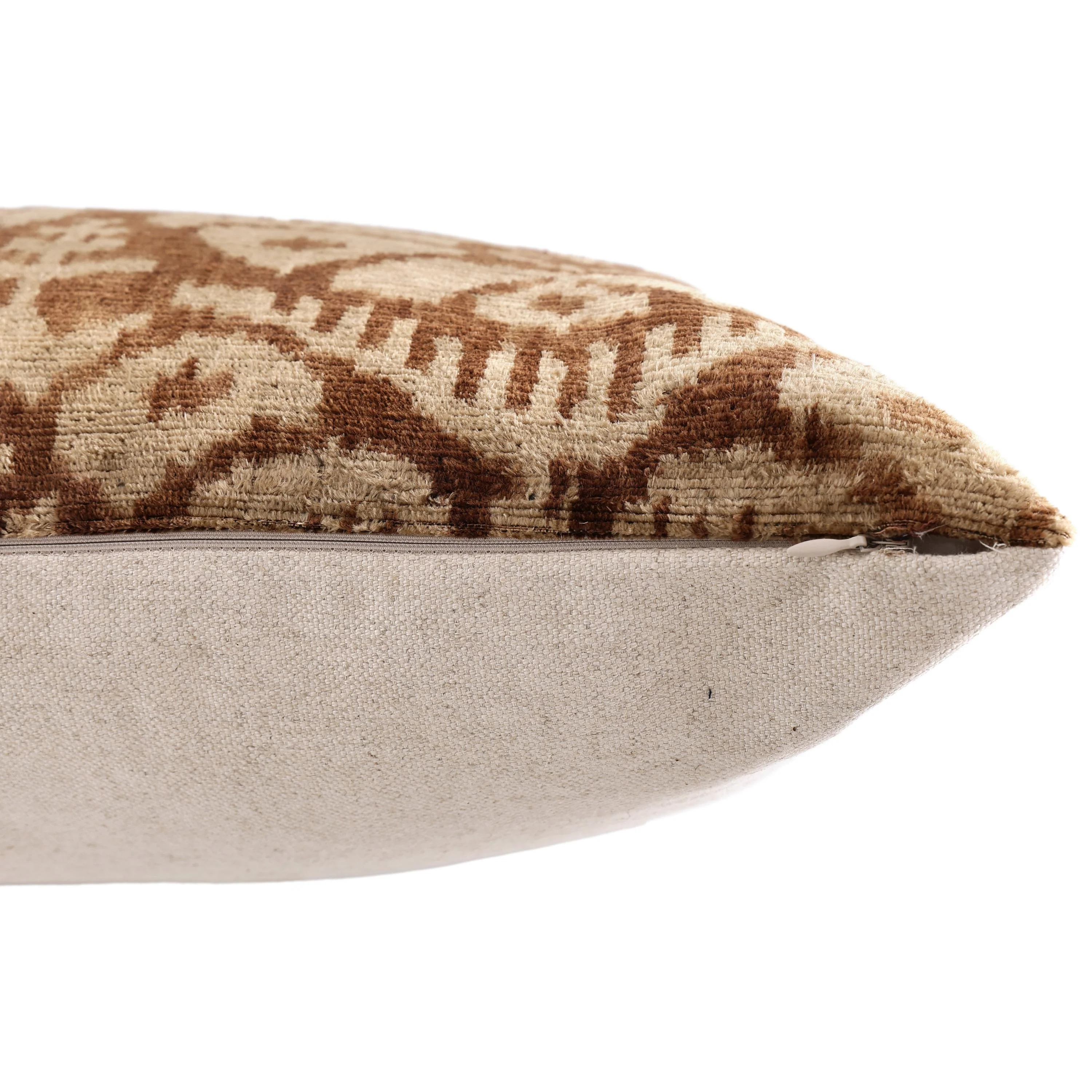 The Cognac & Cream Traditional Ikat Silk Velvet Pillow - 20" x 20" - Image 6