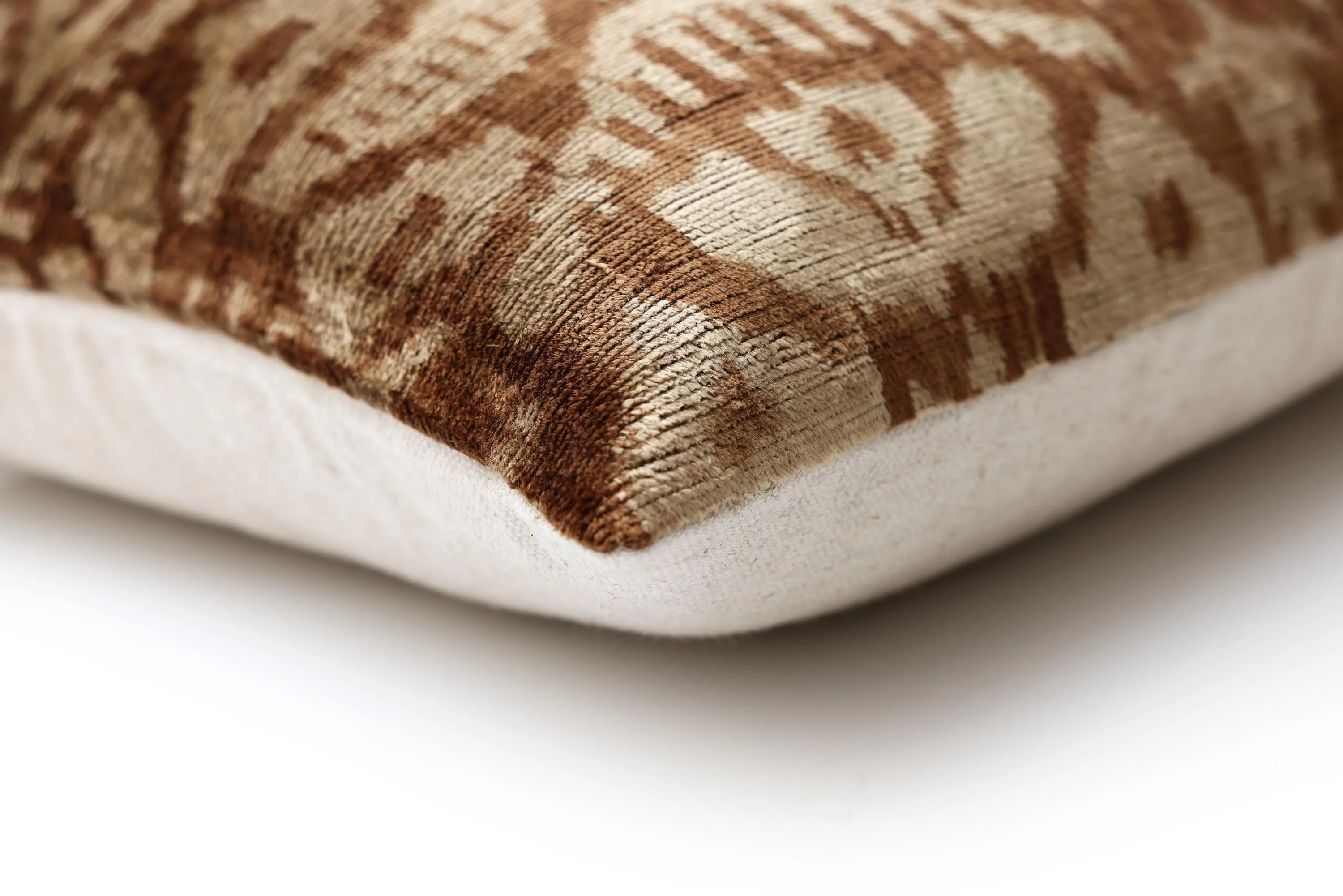 The Cognac & Cream Traditional Ikat Silk Velvet Pillow - 20" x 20" - Image 8