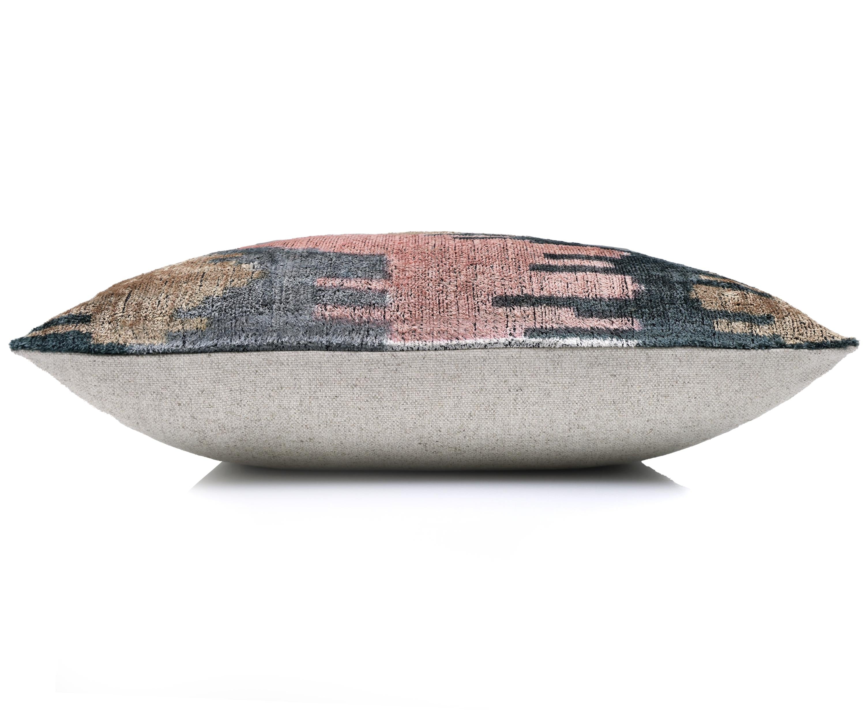 The Designer's Choice: Slate Blue & Dusty Rose Ikat Velvet Pillow 20x20 in - Image 4