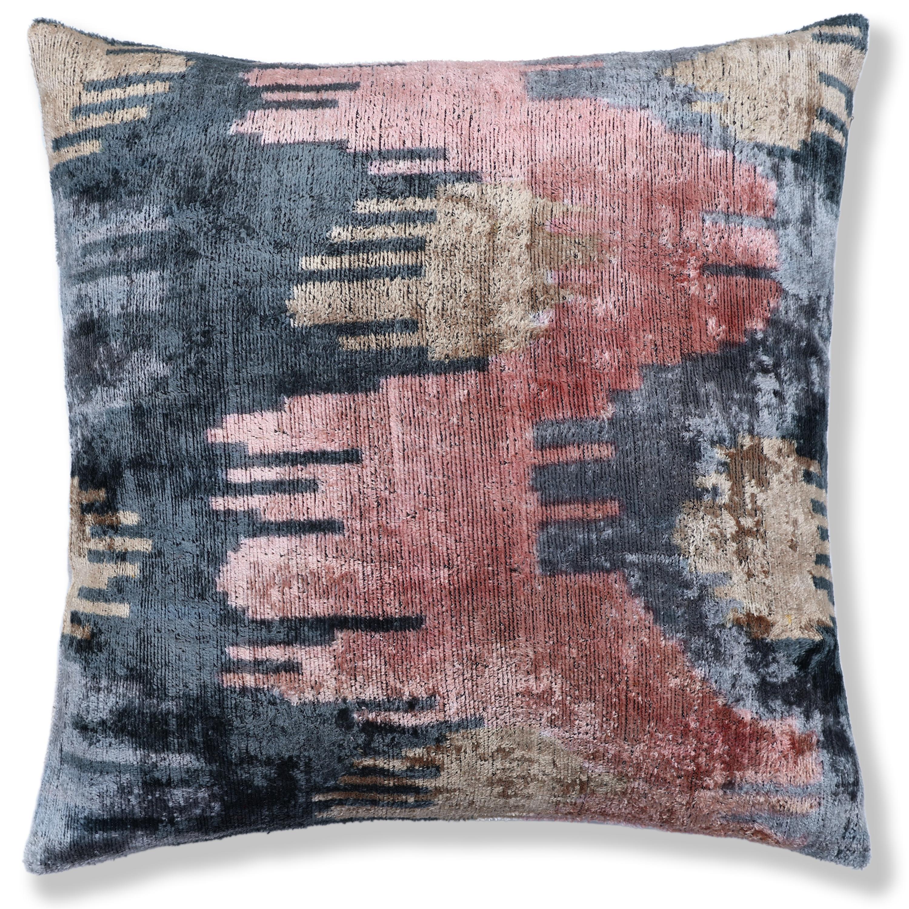 The Designer's Choice: Slate Blue & Dusty Rose Ikat Velvet Pillow 20x20 in - Image 5