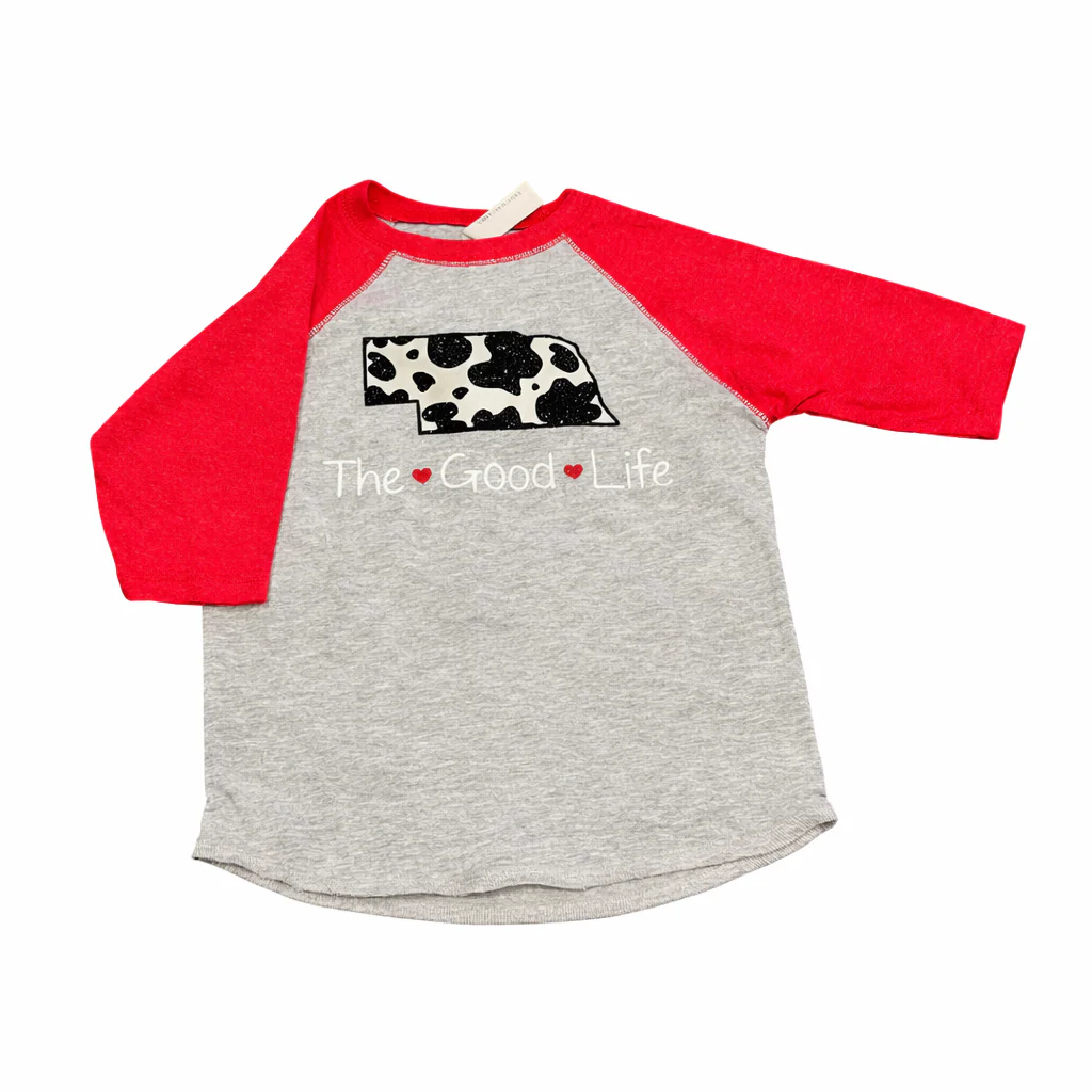 “The Good Life” Cow Print Nebraska Toddler Raglan Tee | Multiple Sizes | Nature Finds & Designs | NFD333 - Image 2