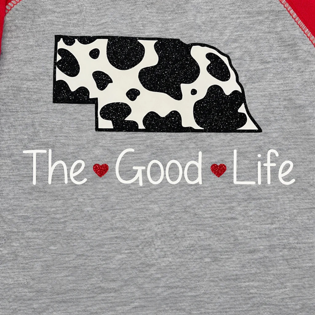 “The Good Life” Cow Print Nebraska Toddler Raglan Tee | Multiple Sizes | Nature Finds & Designs | NFD333 - Image 3