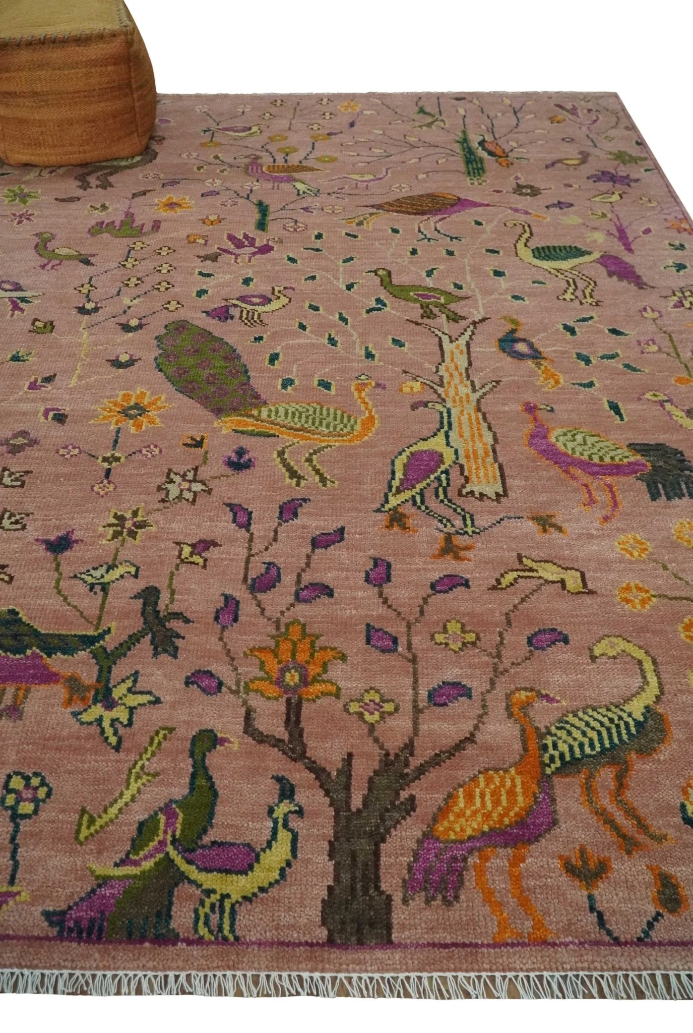 The Jungle Life Peacock on tree Rug Hand Knotted 8x10 Peach Wool Rug - Image 3
