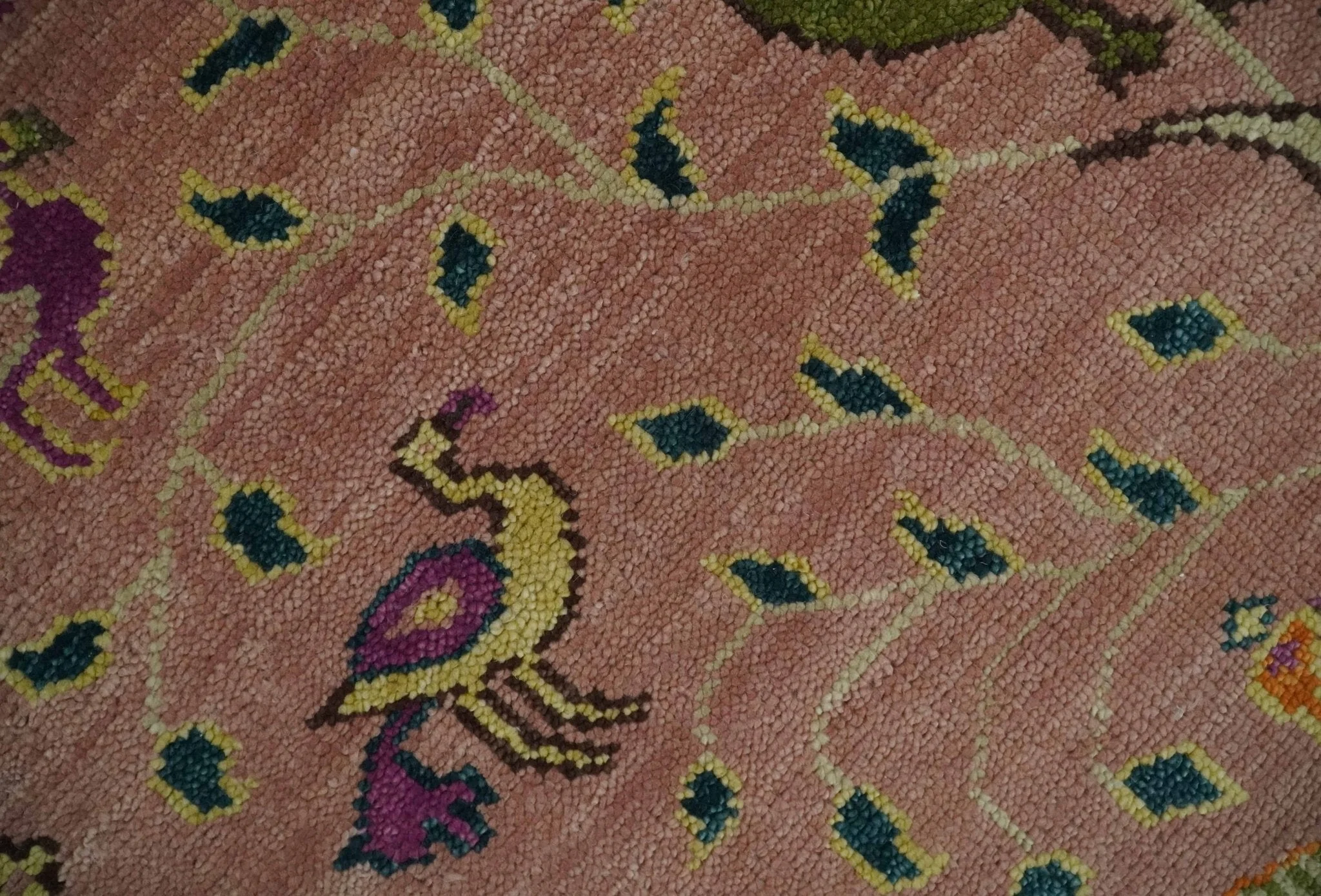The Jungle Life Peacock on tree Rug Hand Knotted 8x10 Peach Wool Rug - Image 4