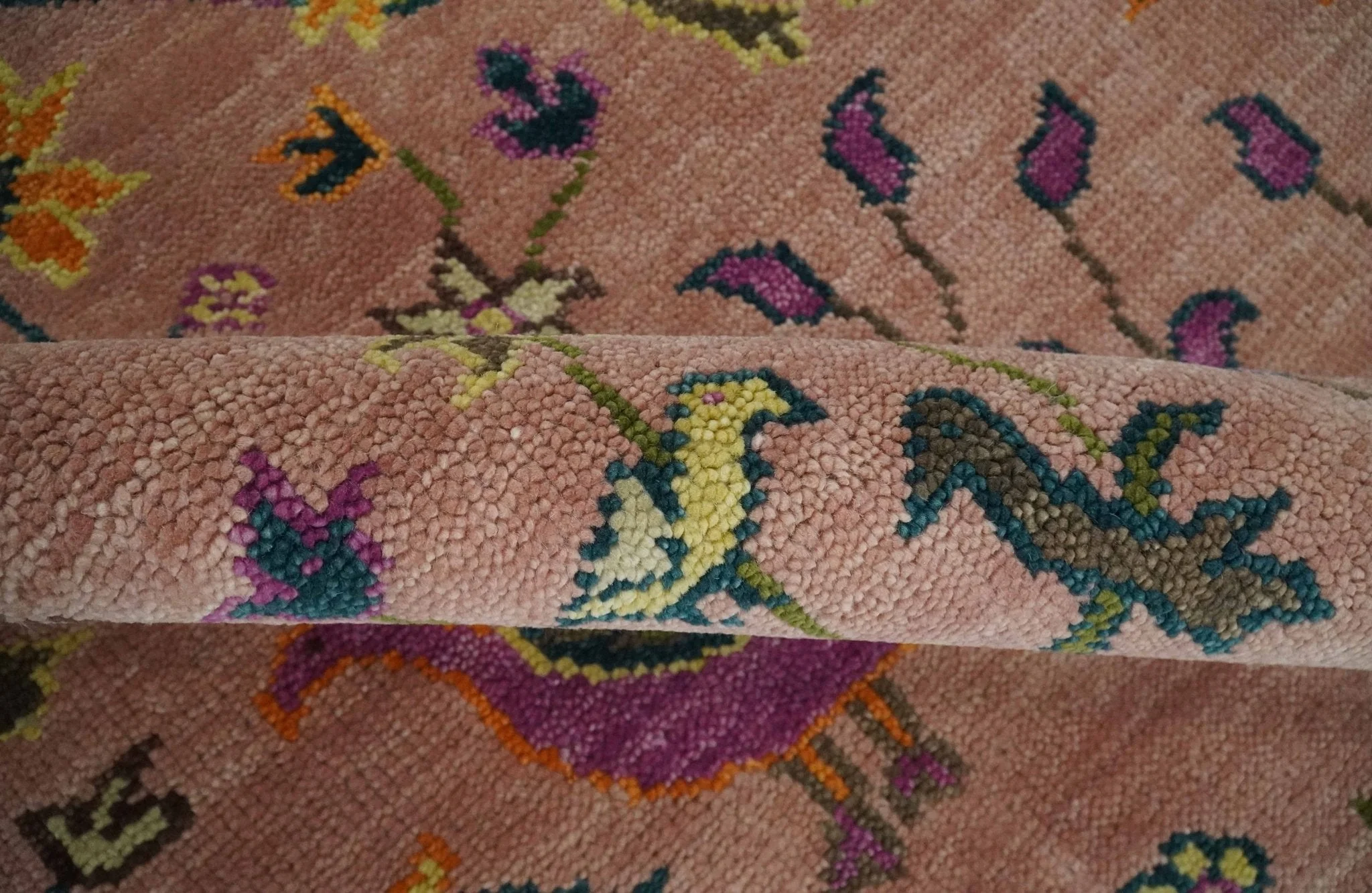 The Jungle Life Peacock on tree Rug Hand Knotted 8x10 Peach Wool Rug - Image 6