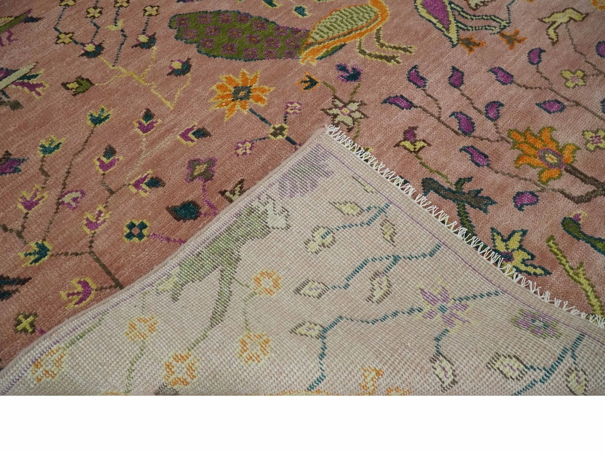 The Jungle Life Peacock on tree Rug Hand Knotted 8x10 Peach Wool Rug - Image 7