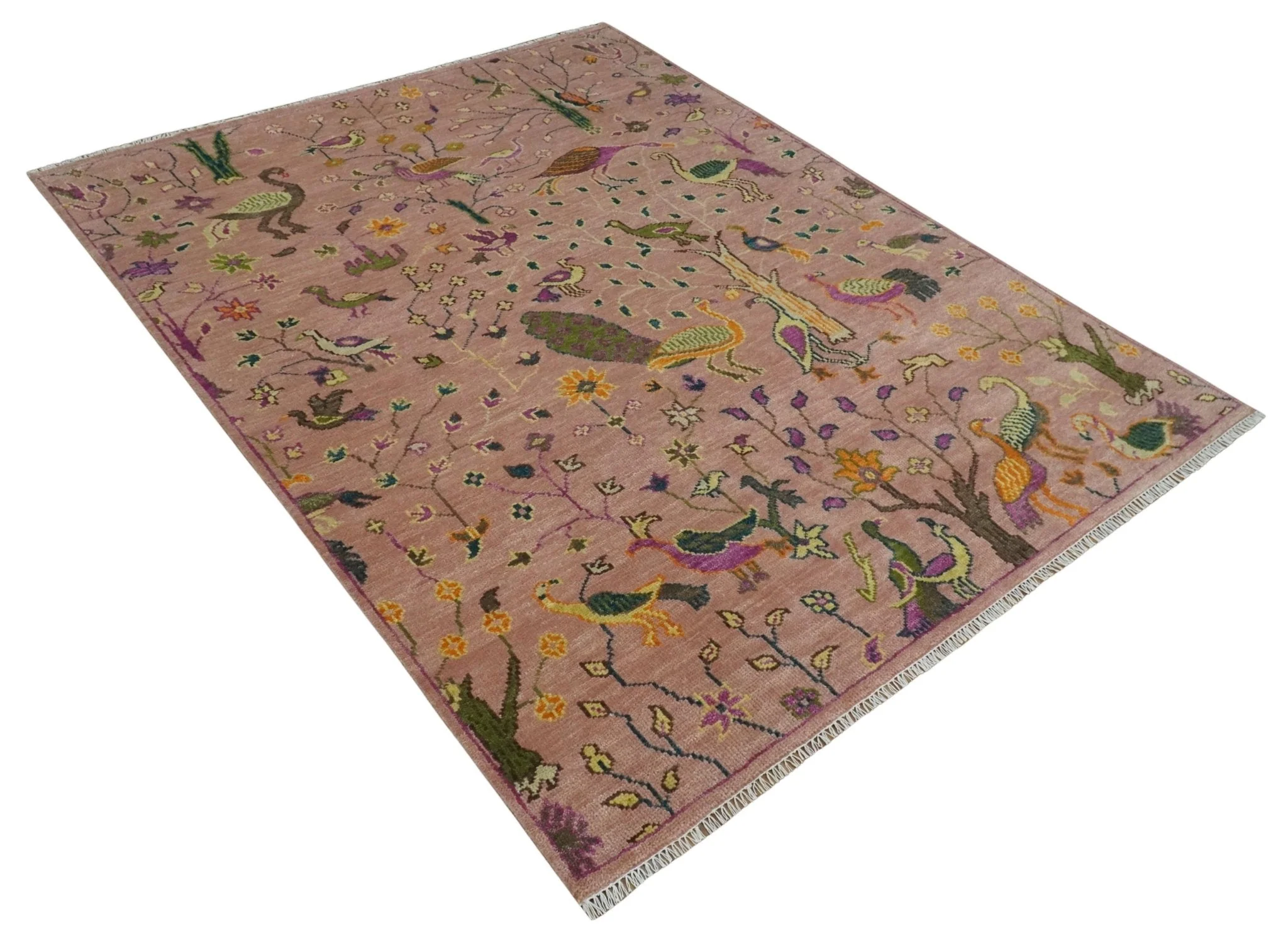 The Jungle Life Peacock on tree Rug Hand Knotted 8x10 Peach Wool Rug - Image 9