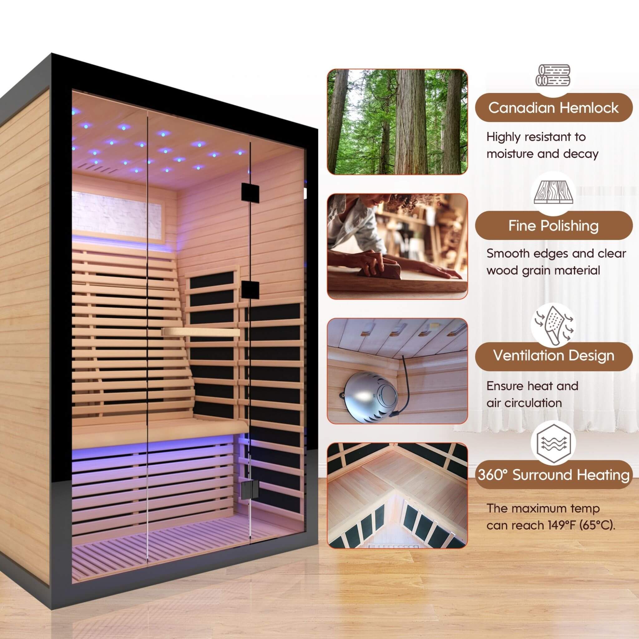 Thermora Vapor Luxury 2-Person Canadian Hemlock Wood Far Infrared Home Sauna (SAK56874) - Image 4