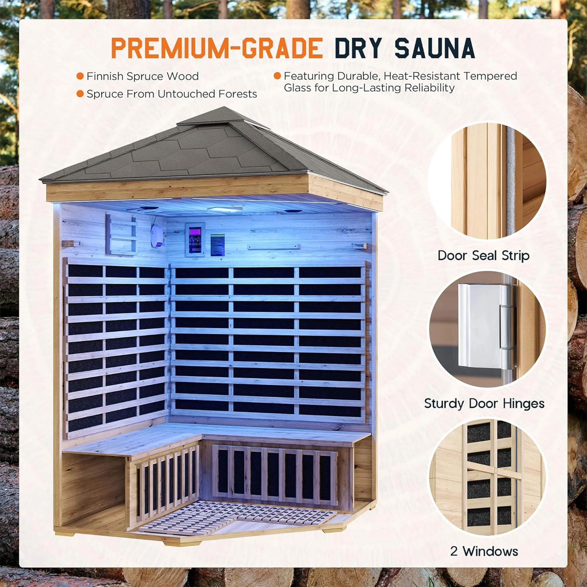 Thermora Monaco 4-Person Low EMF Spruce Wood Outdoor Infrared Sauna With Bluetooth Speakers And LED Lights (SAK16270) - Image 5