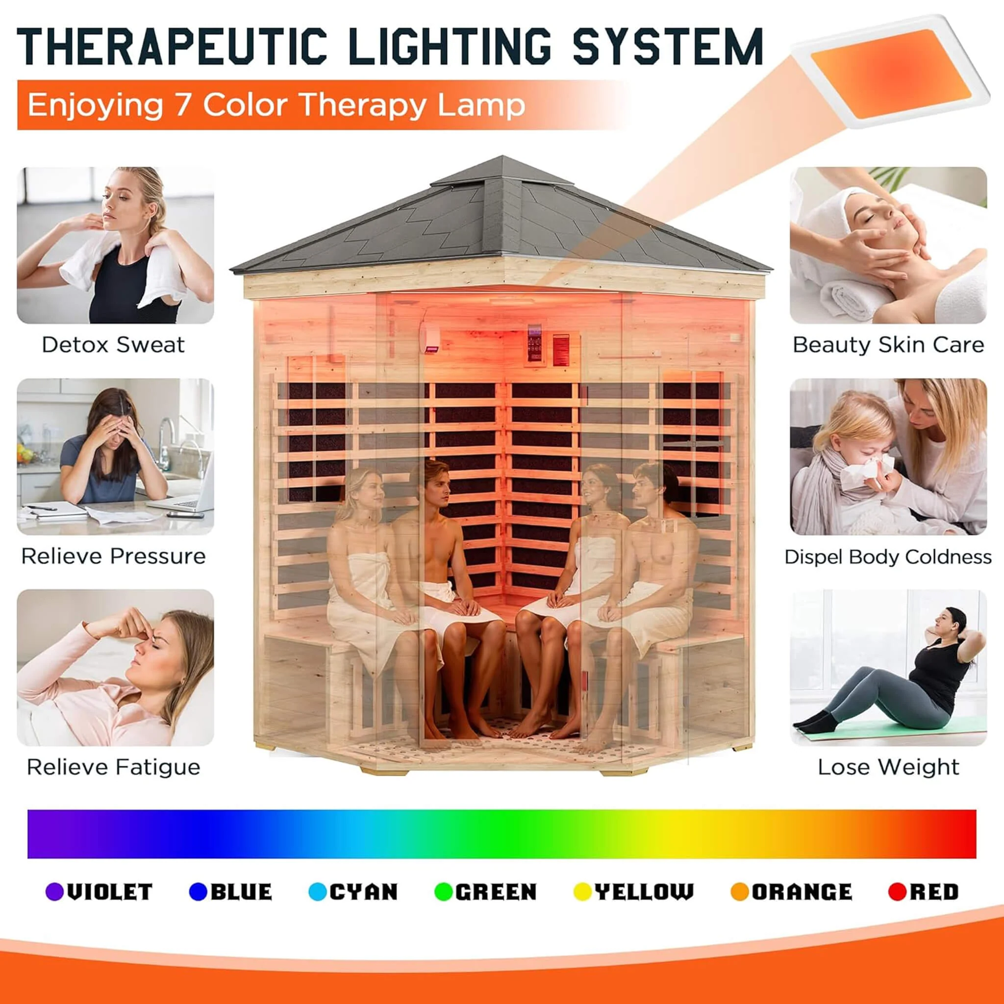 Thermora Monaco 4-Person Low EMF Spruce Wood Outdoor Infrared Sauna With Bluetooth Speakers And LED Lights (SAK16270) - Image 8