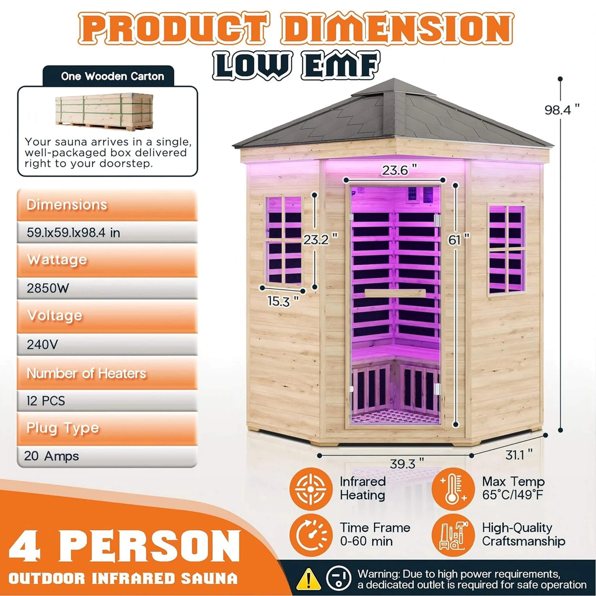 Thermora Monaco 4-Person Low EMF Spruce Wood Outdoor Infrared Sauna With Bluetooth Speakers And LED Lights (SAK16270) - Image 9