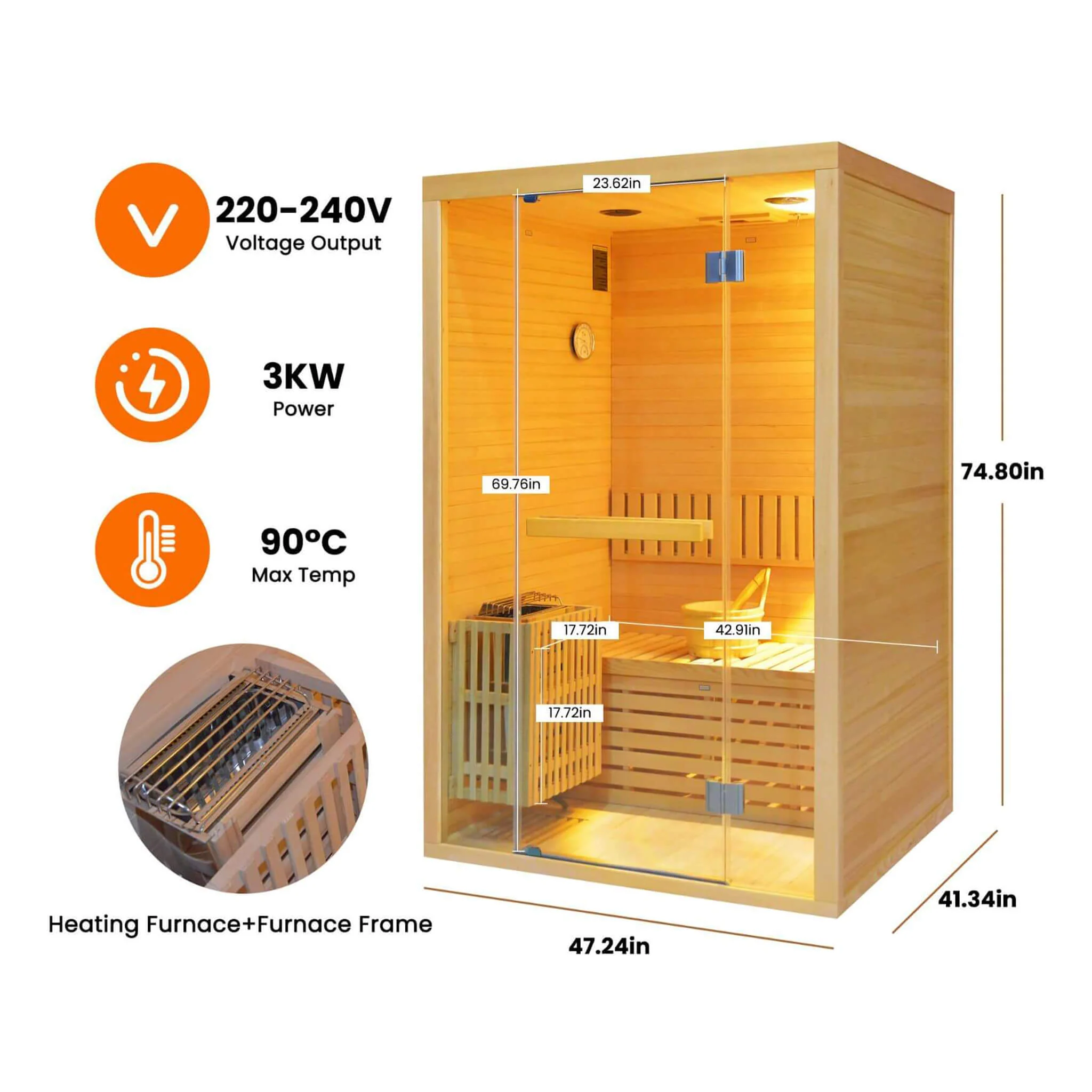 Thermora Alpine Premium 2-Person 3KW Hemlock Wood Sauna With LED Wall Light (SAK28471) - Image 11