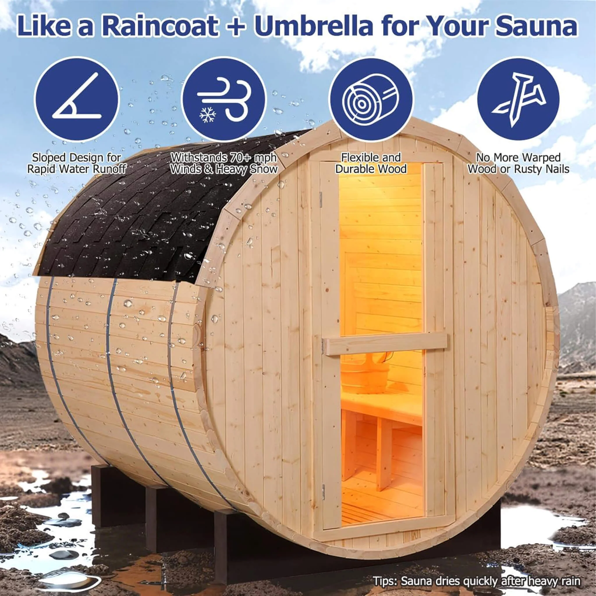 Thermora Haven Premium All-Weather Outdoor Pinewood Barrel Sauna Kit With 4.5KW Heater And Tempered Glass Window (SAK91462) - Image 3