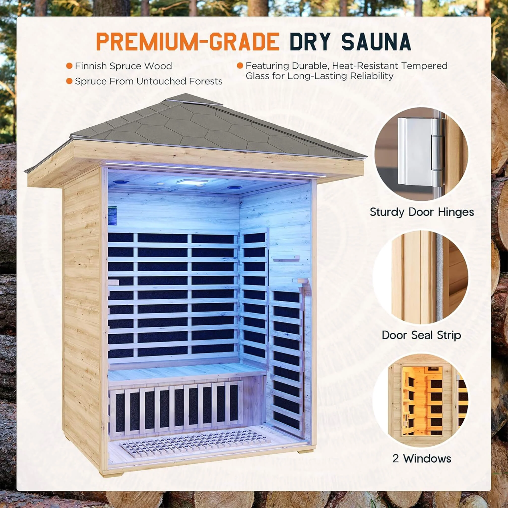 Thermora Zurich 3-Person Low EMF Spruce Wood Outdoor Infrared Sauna With Bluetooth Speakers And LED Lights (SAK59047) - Image 3