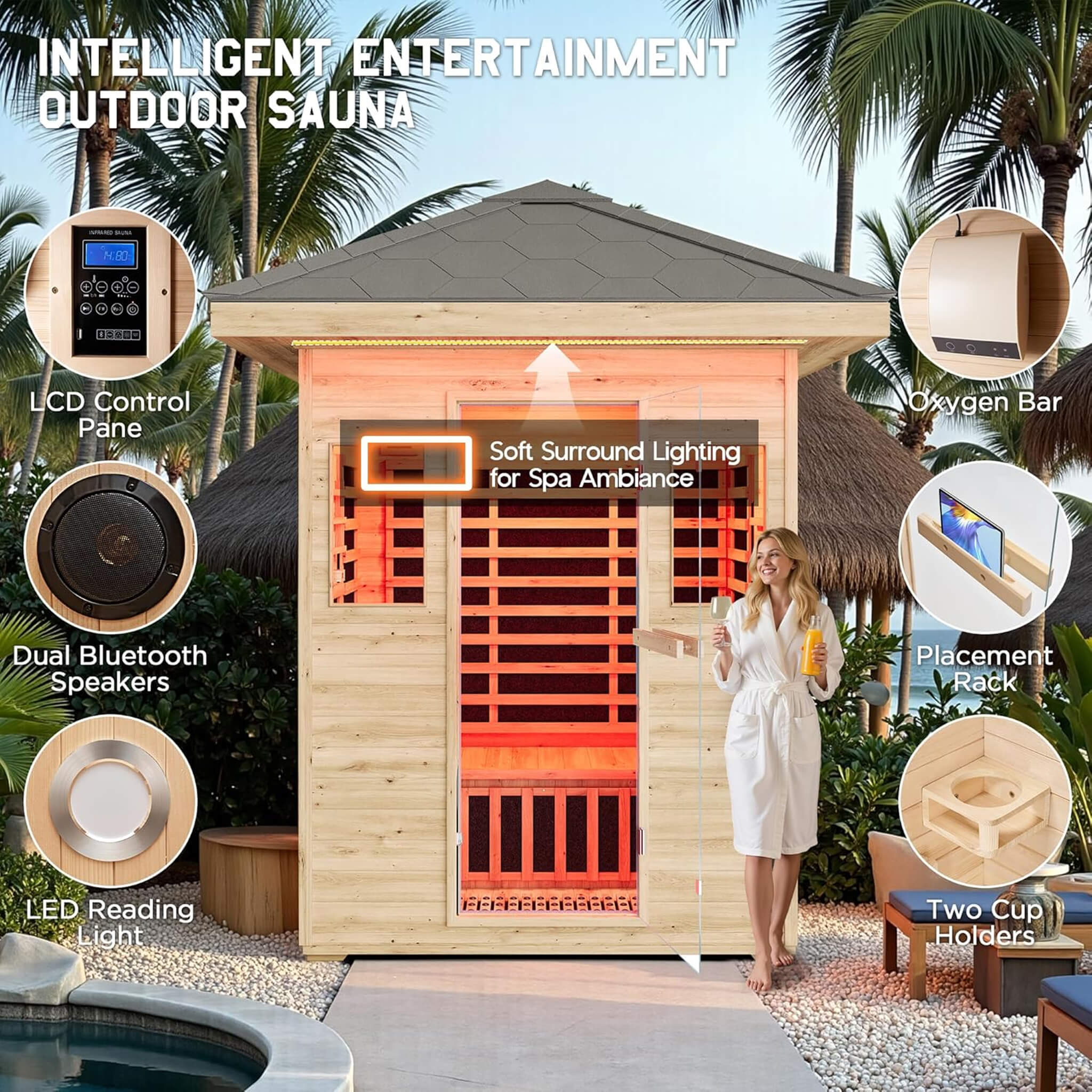 Thermora Zurich 3-Person Low EMF Spruce Wood Outdoor Infrared Sauna With Bluetooth Speakers And LED Lights (SAK59047) - Image 5