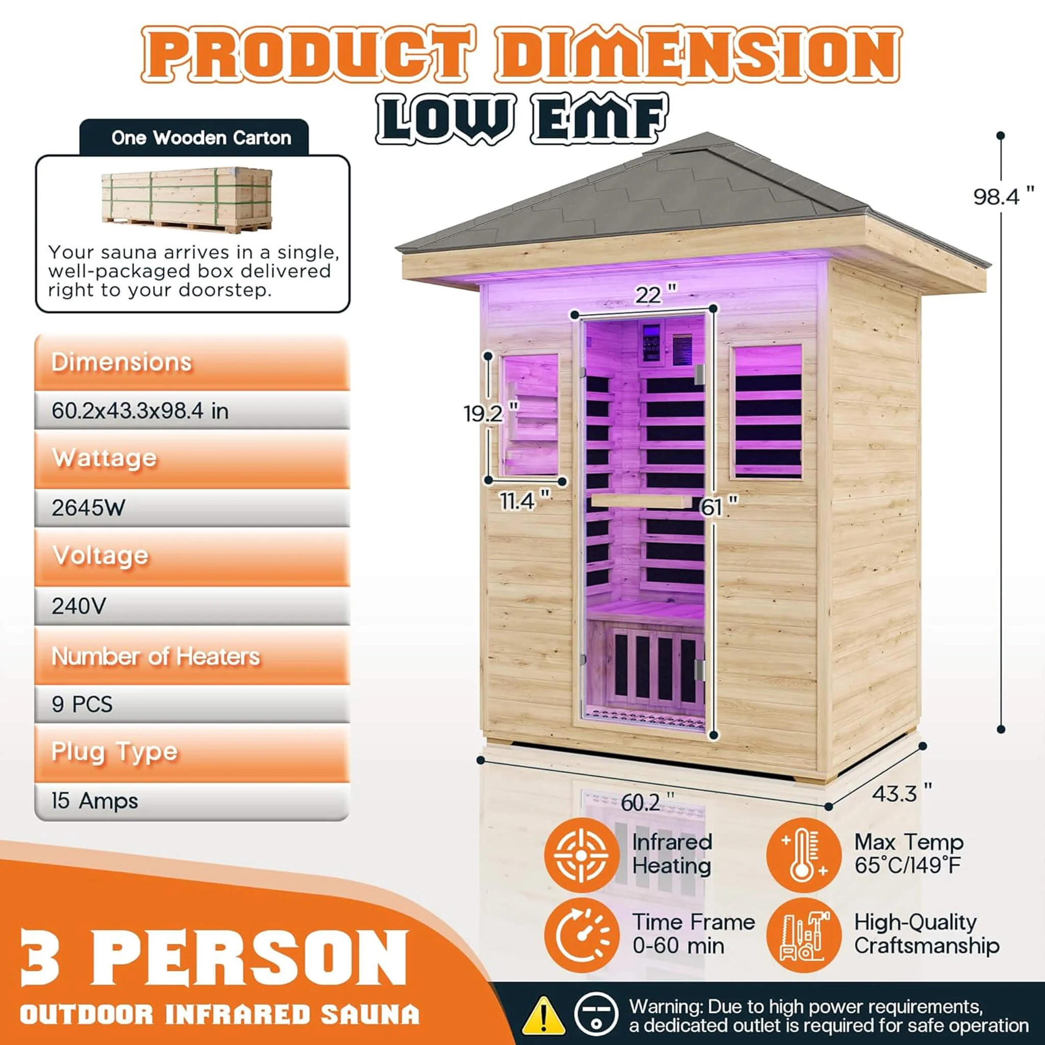 Thermora Zurich 3-Person Low EMF Spruce Wood Outdoor Infrared Sauna With Bluetooth Speakers And LED Lights (SAK59047) - Image 9