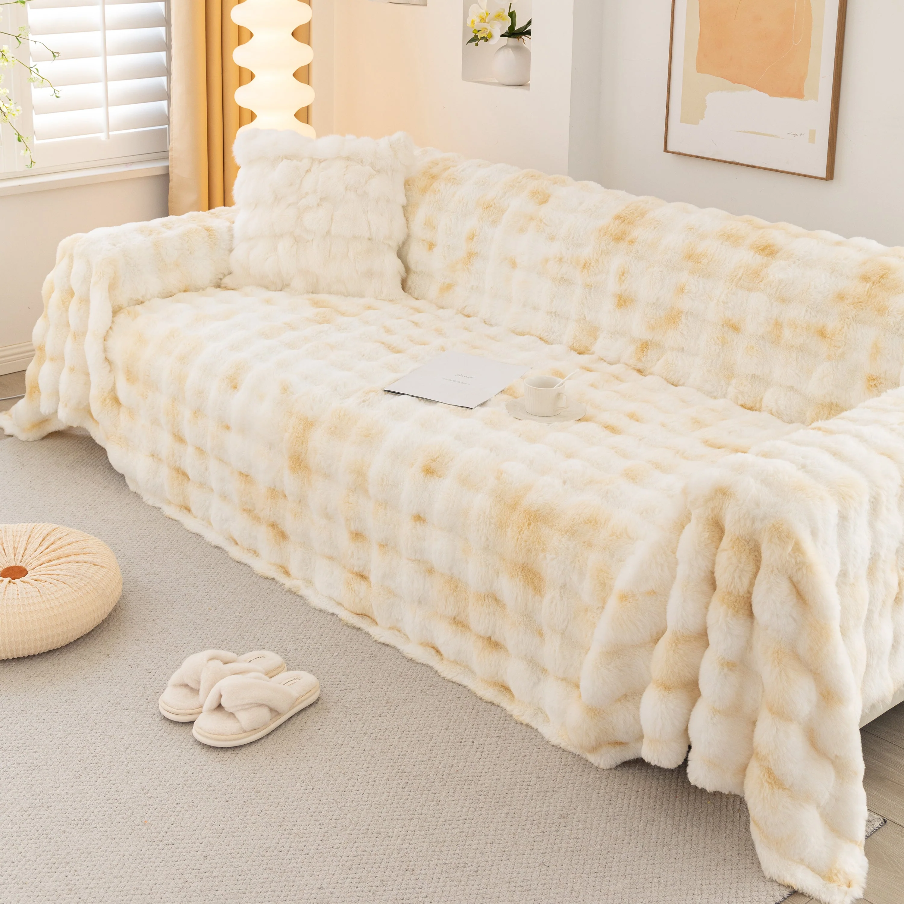 Thick Faux Fur Couch Cover Fluffy Fuzzy Warm Washable Furniture Protector for Kids Pets - Image 86